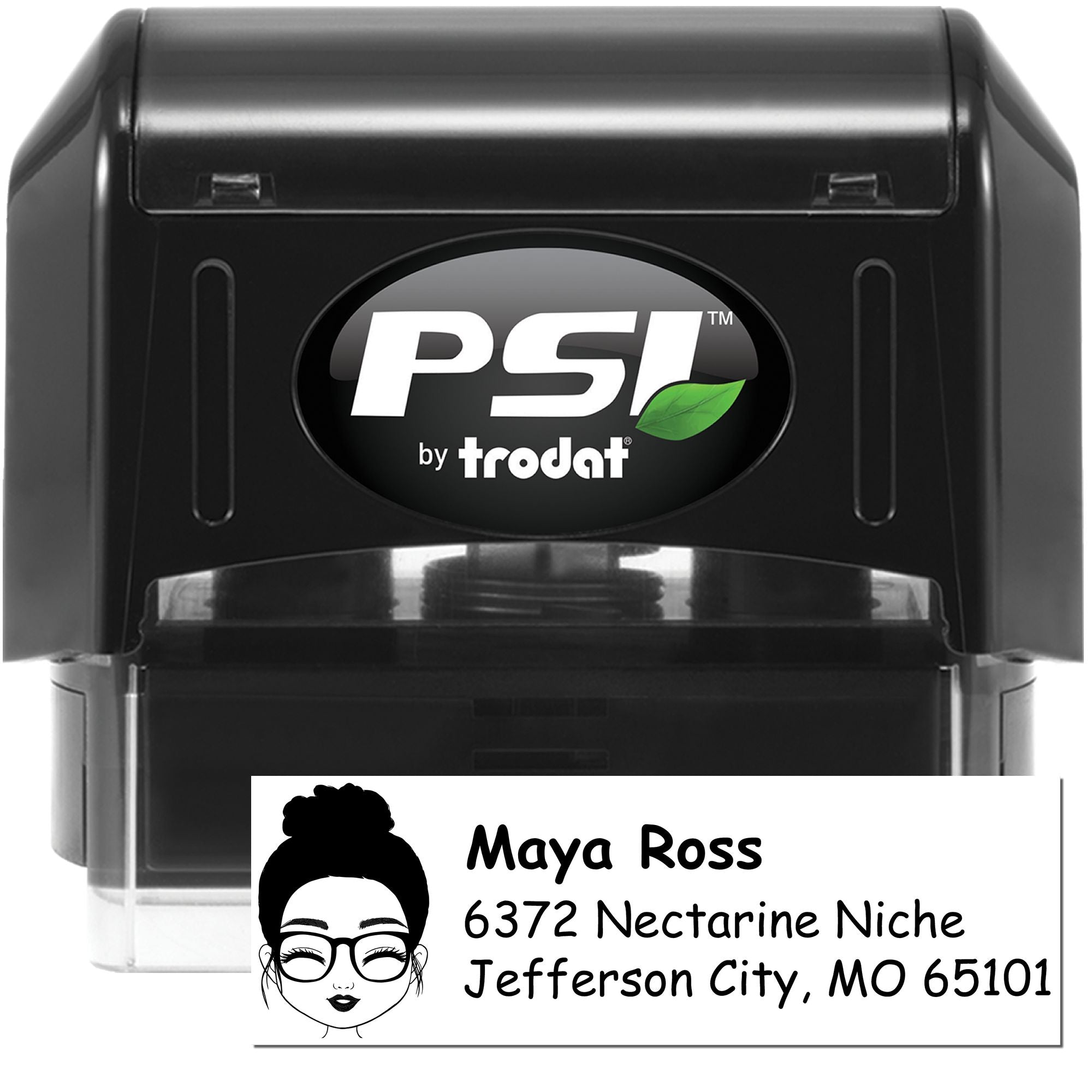 PSI by Trodat self-inking custom address rubber stamp with personalized name and mailing imprint.