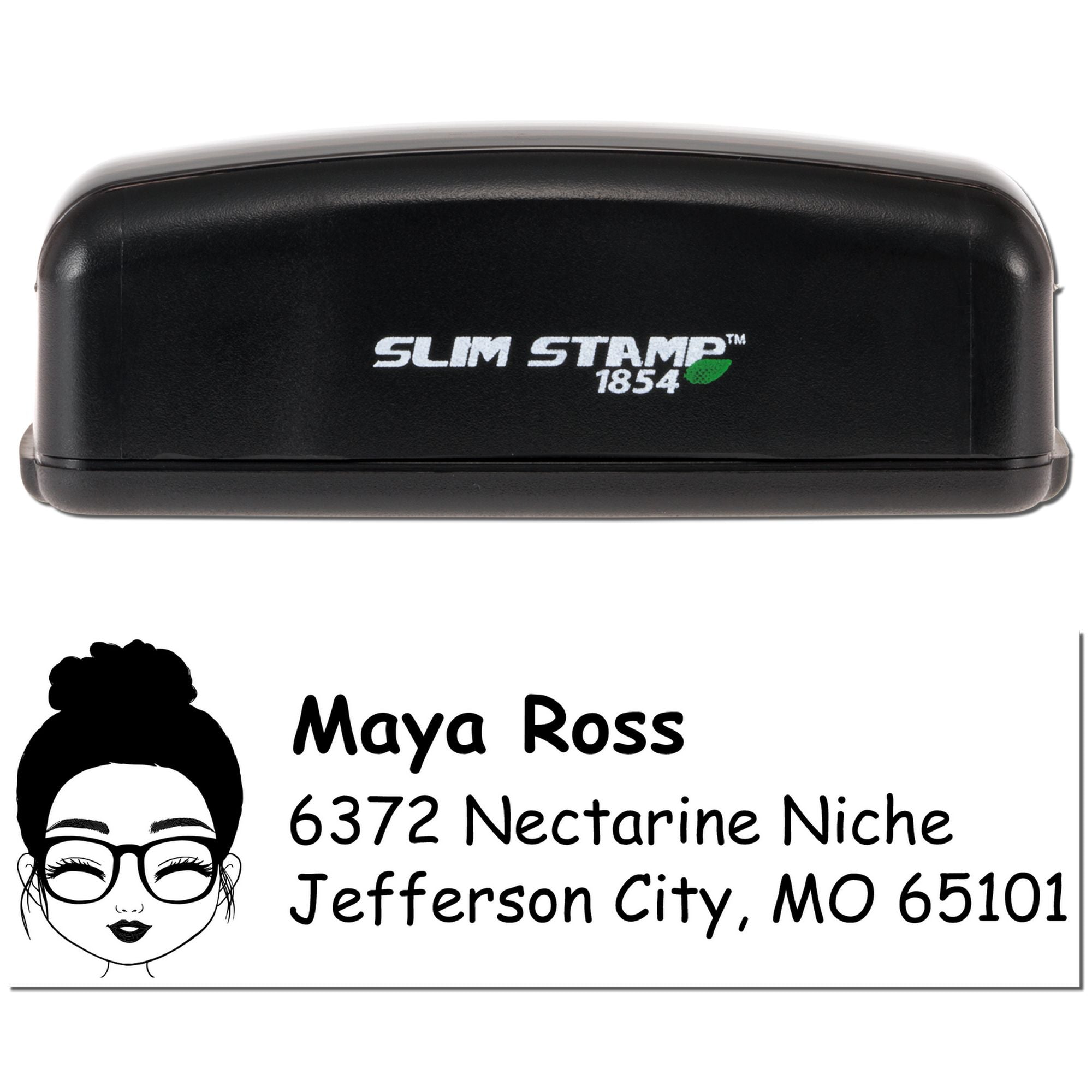 Slim Stamp custom self-inking address rubber stamp with name, avatar and Jefferson City, MO return address for mailing labels.