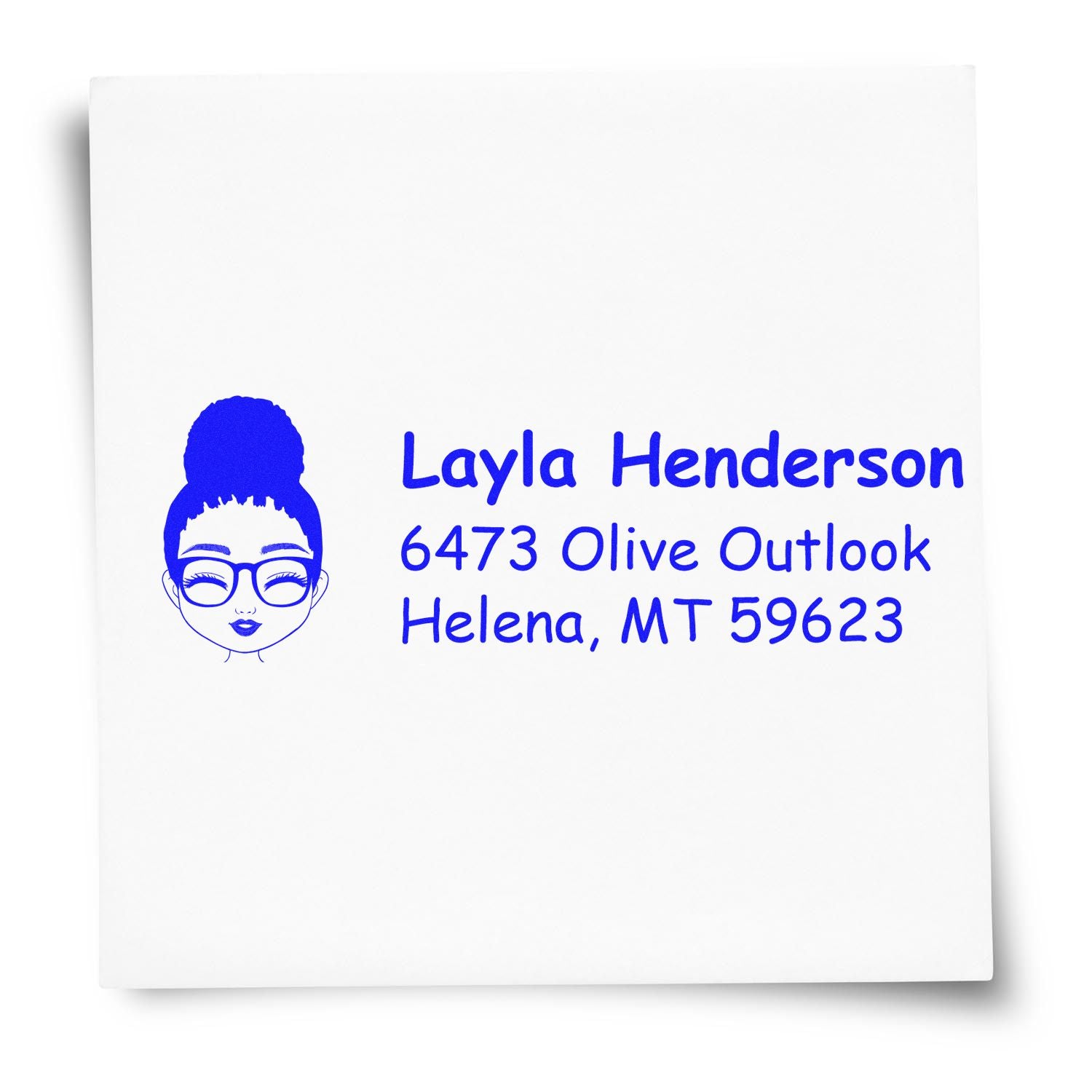 Personalized return address rubber stamp with female avatar, Layla Henderson, 6473 Olive Outlook, Helena, MT 59623