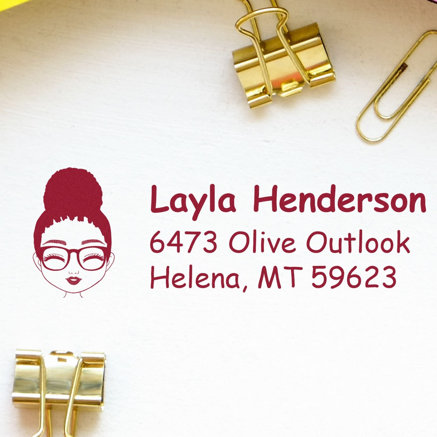 Personalized return address rubber stamp with woman logo, Layla Henderson, Helena, MT 59623