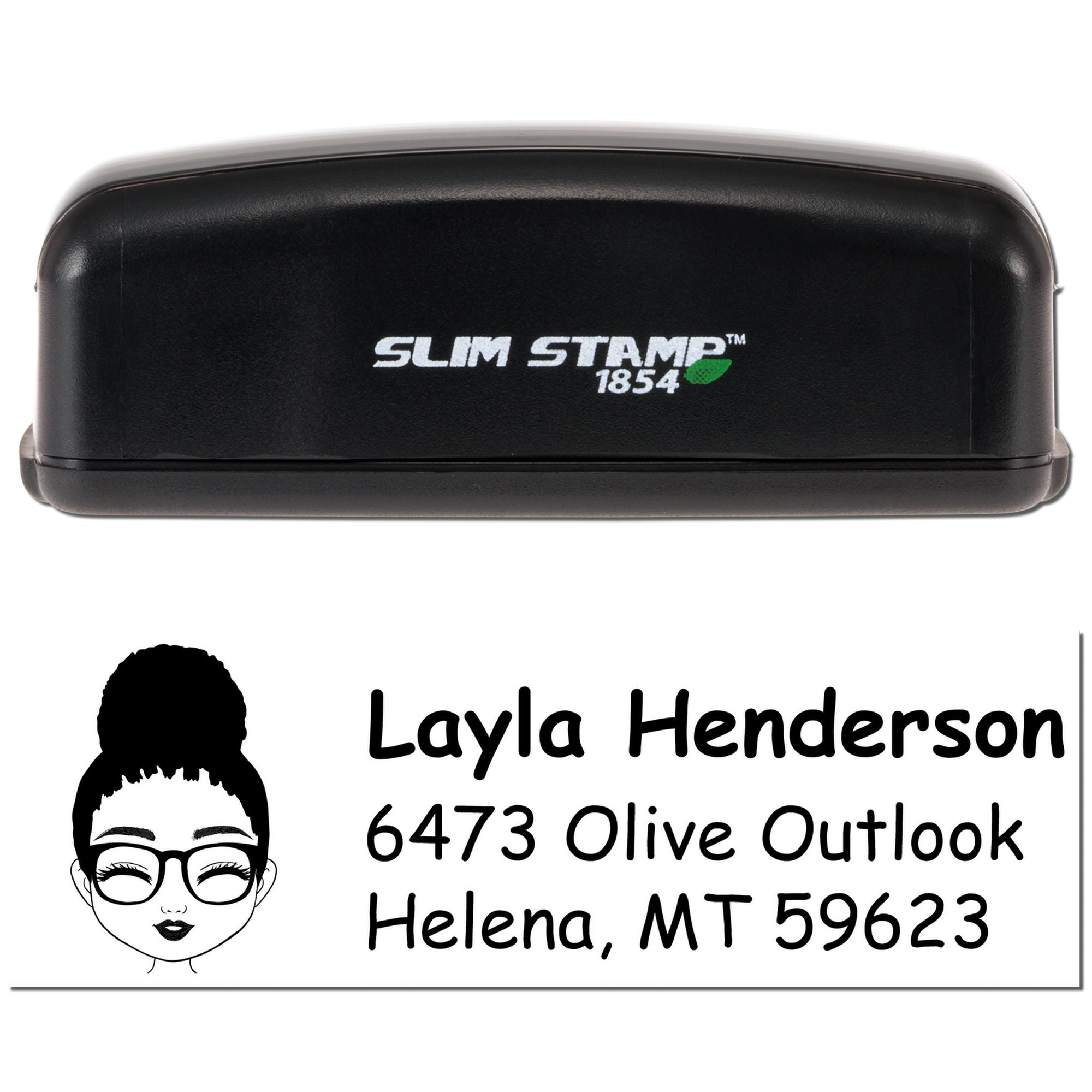 Personalized self-inking rubber stamp with custom name and address imprint for mailing and return labels.