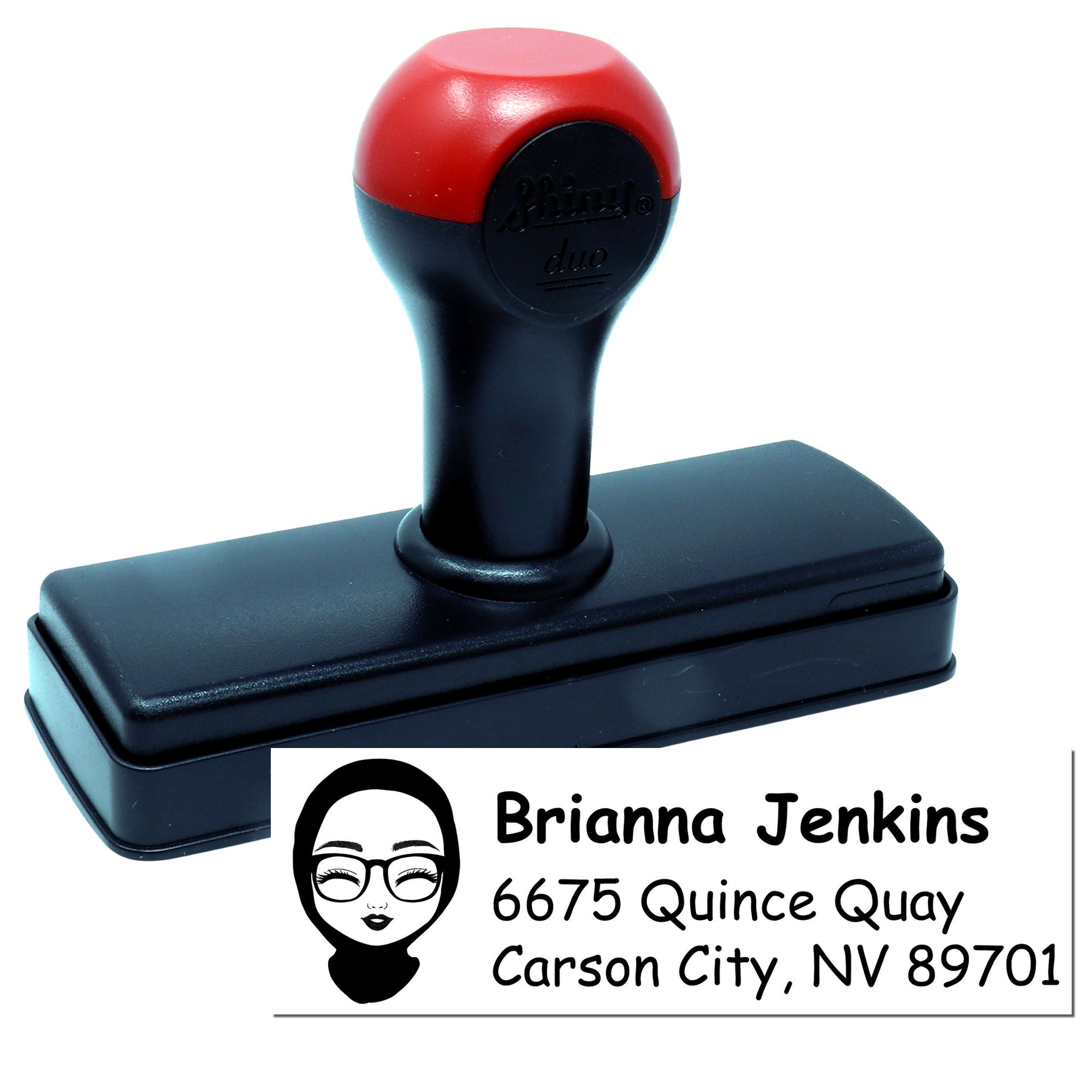Personalized self-inking rubber address stamp with name, address and avatar for envelopes, mailings, and business use.