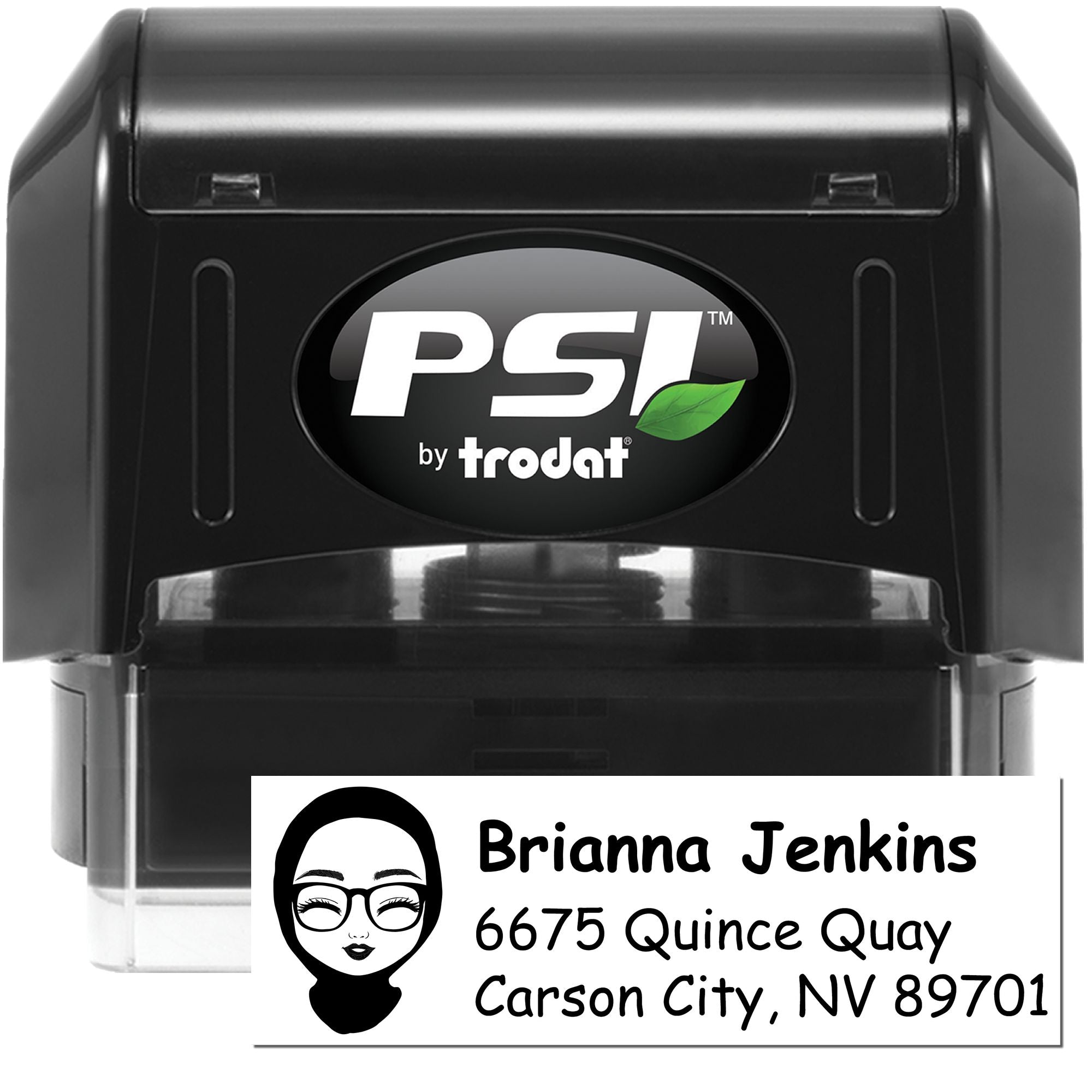 PSI by Trodat self-inking custom return address rubber stamp with Brianna Jenkins, Carson City, NV.