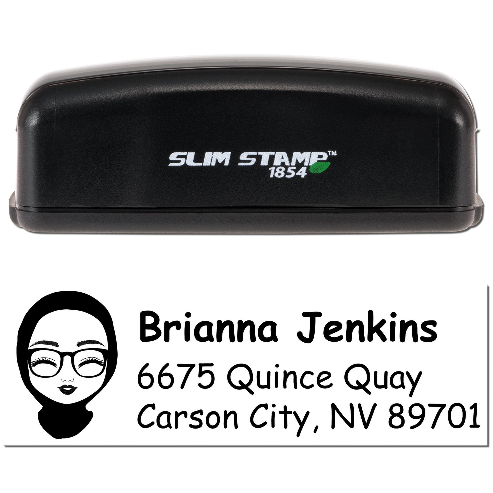 Custom self-inking Slim Stamp 1854 address rubber stamp with personalized name and Carson City, NV mailing details