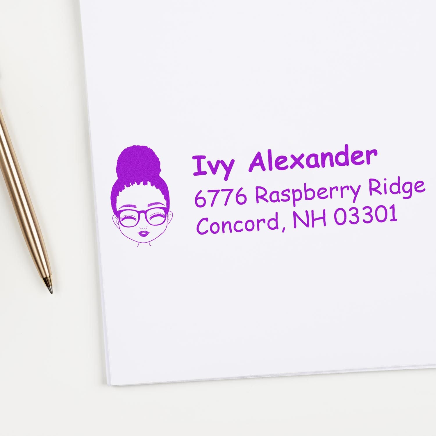 Custom rubber address stamp with female avatar for Ivy Alexander, 6776 Raspberry Ridge, Concord, NH.