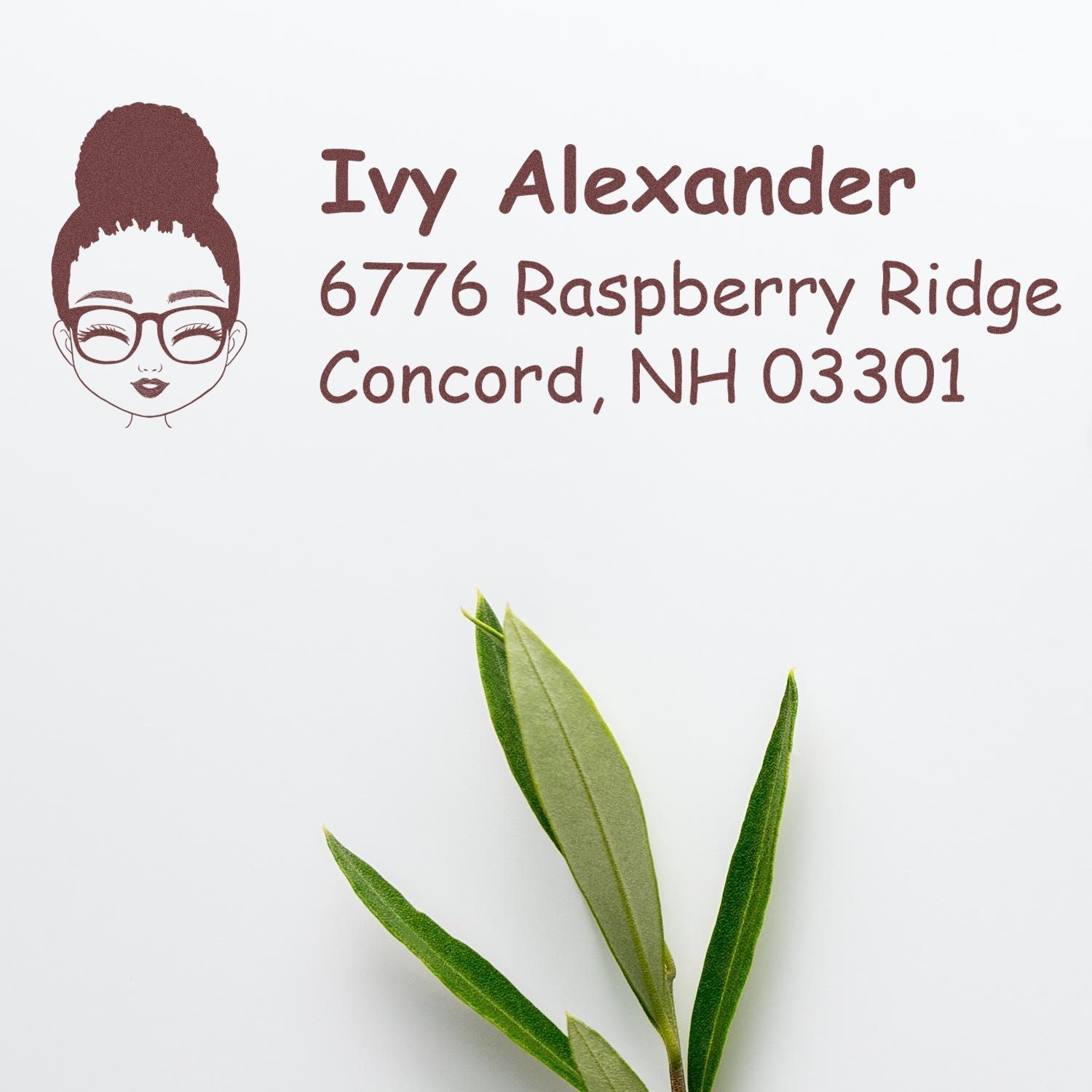 Personalized rubber address stamp for Ivy Alexander with illustrated woman icon and Concord, NH return address.
