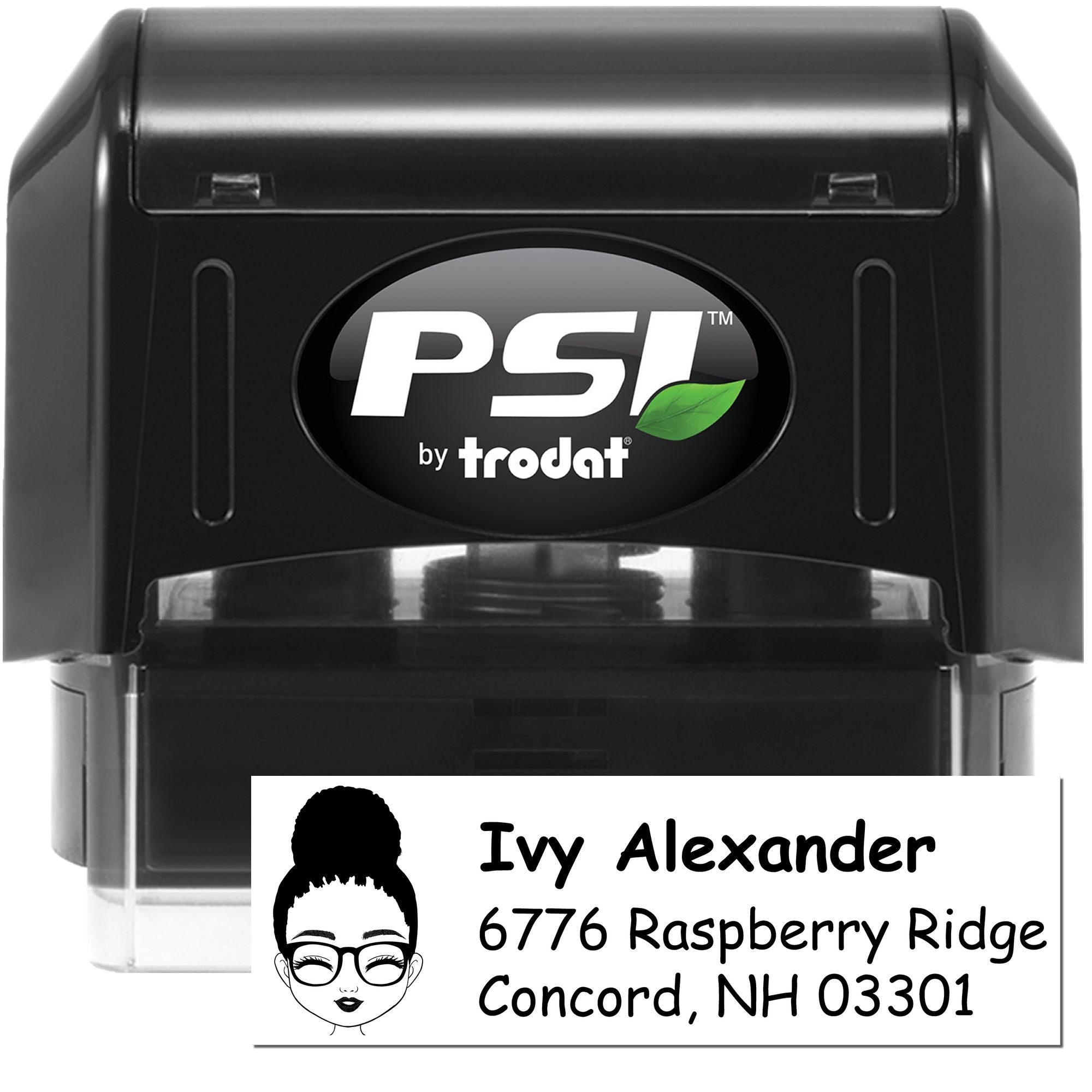 Custom self-inking address rubber stamp by PSI Trodat for return addresses and mailing labels.
