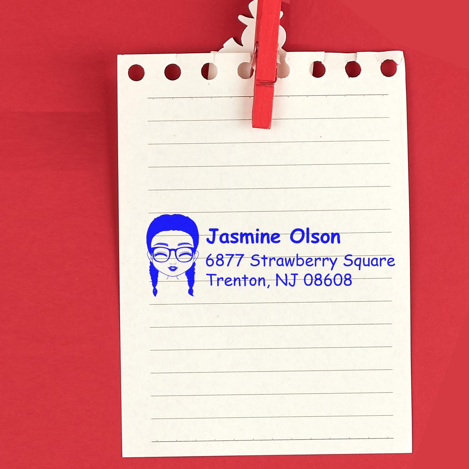 Custom return address rubber stamp with name and address on note paper, ideal for personalized stationery and mailing.