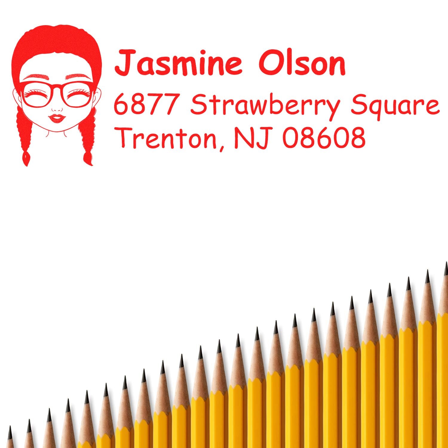 Personalized address rubber stamp with girl avatar, name, and Trenton NJ address for stationery and school use.