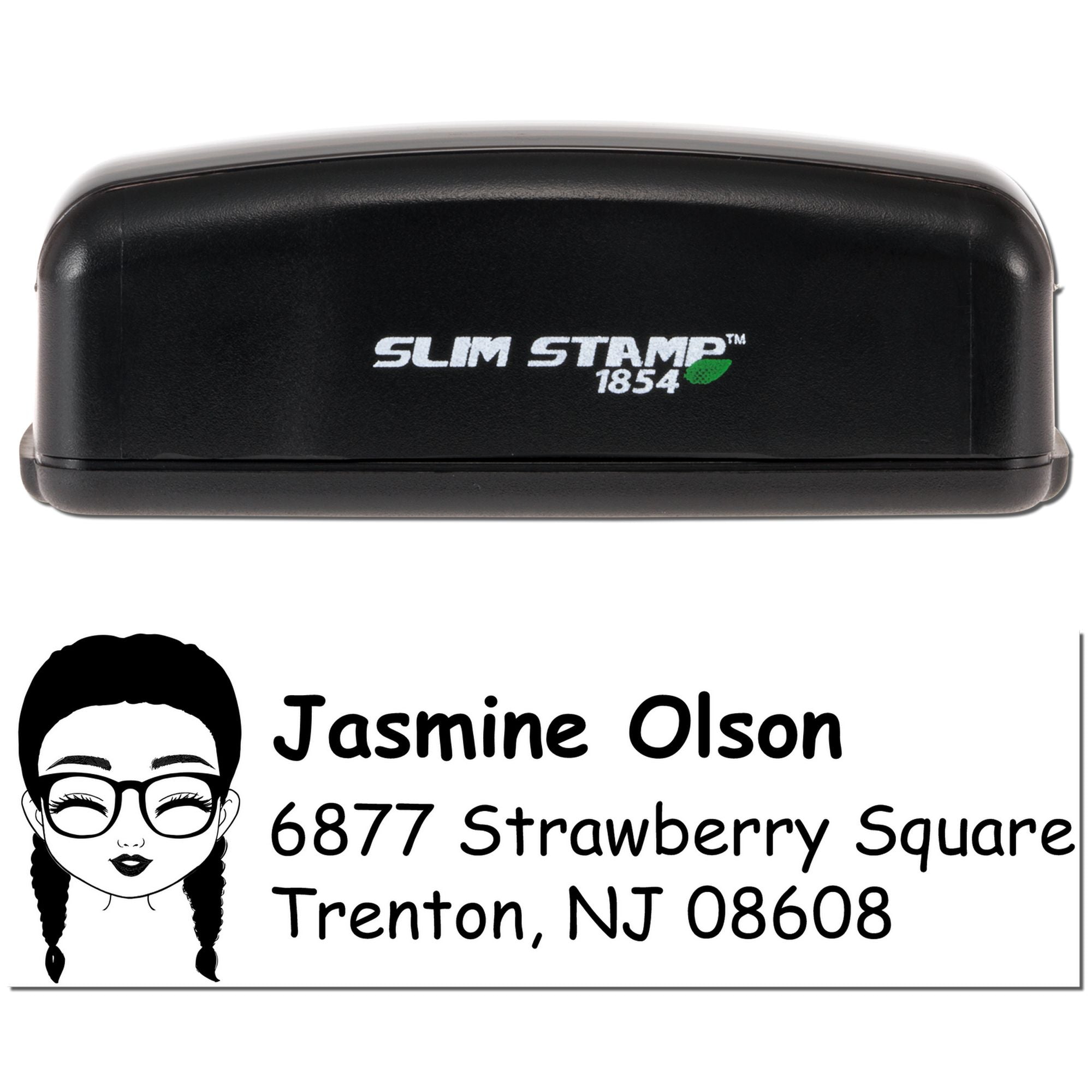 Slim Stamp 1854 custom self-inking rubber stamp with personalized name, address, and avatar design.