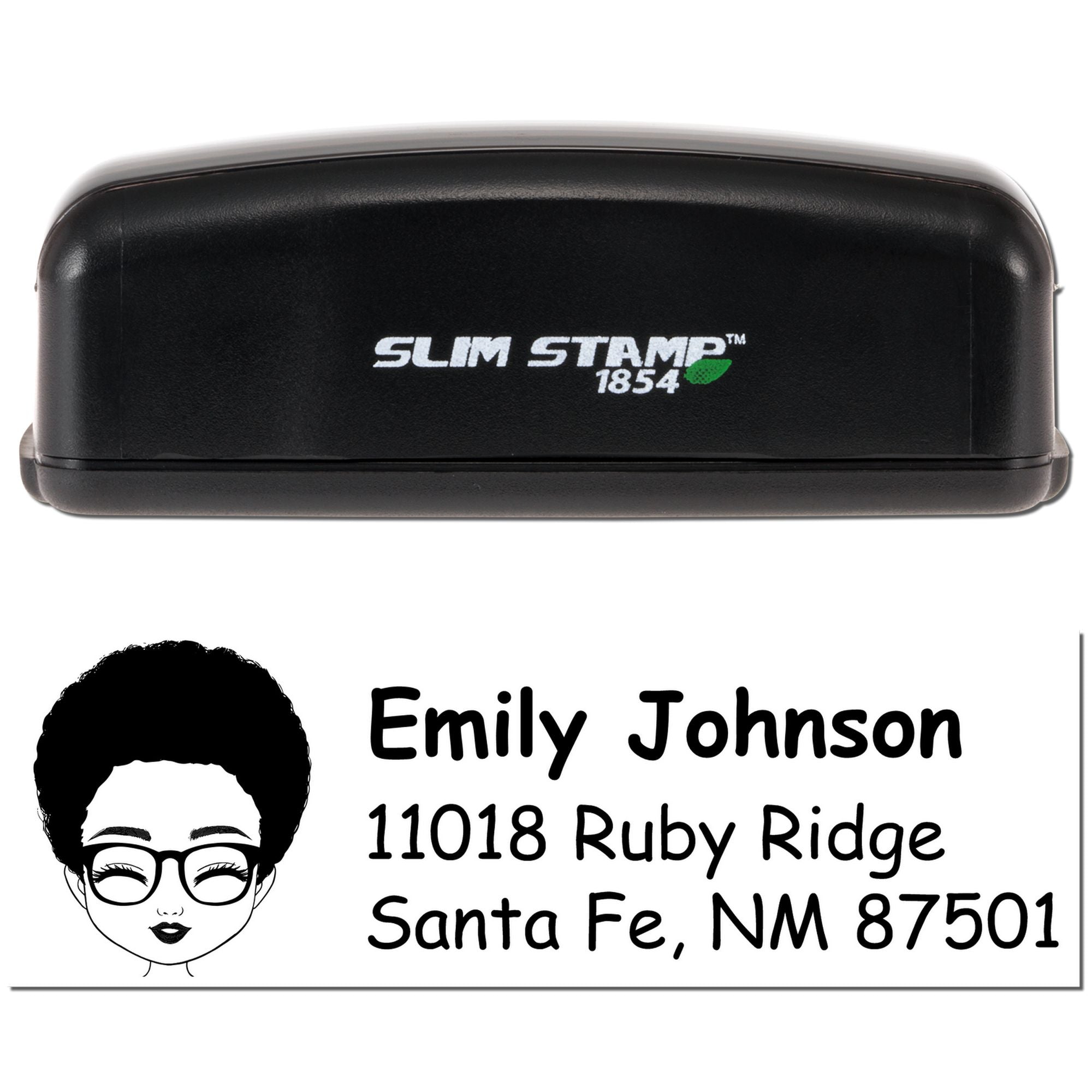 Black Slim Stamp 1854 custom address rubber stamp for Emily Johnson, Santa Fe, NM.