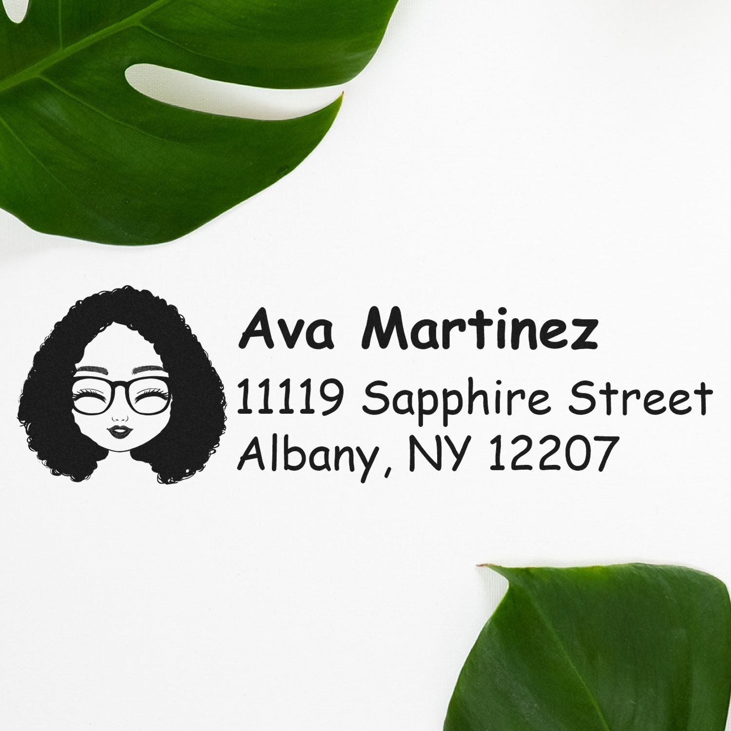 Custom address rubber stamp with woman avatar, Ava Martinez, 11119 Sapphire Street, Albany, NY 12207.