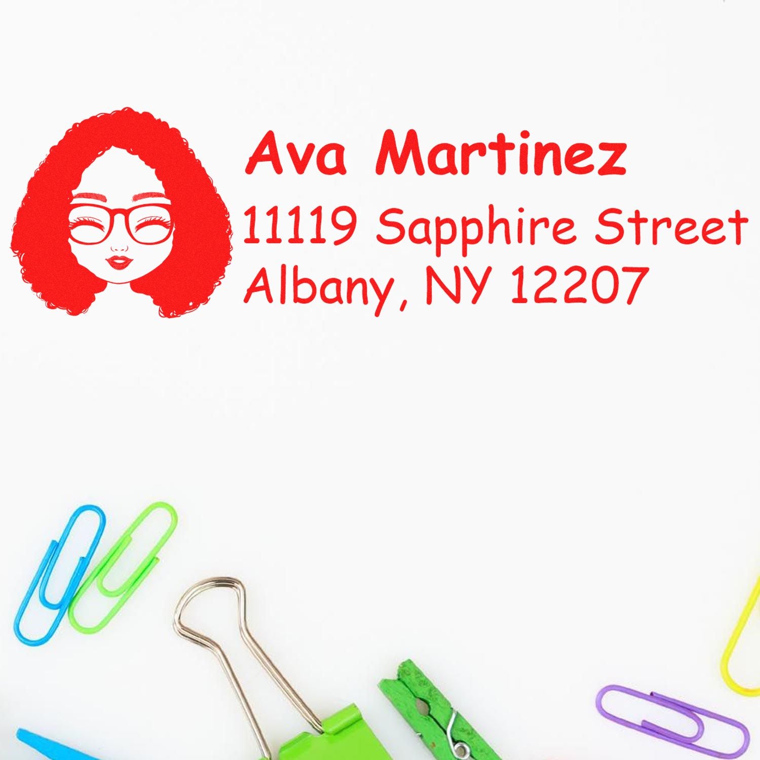 Custom return address rubber stamp with female avatar, Ava Martinez, and Albany, NY address in red ink.