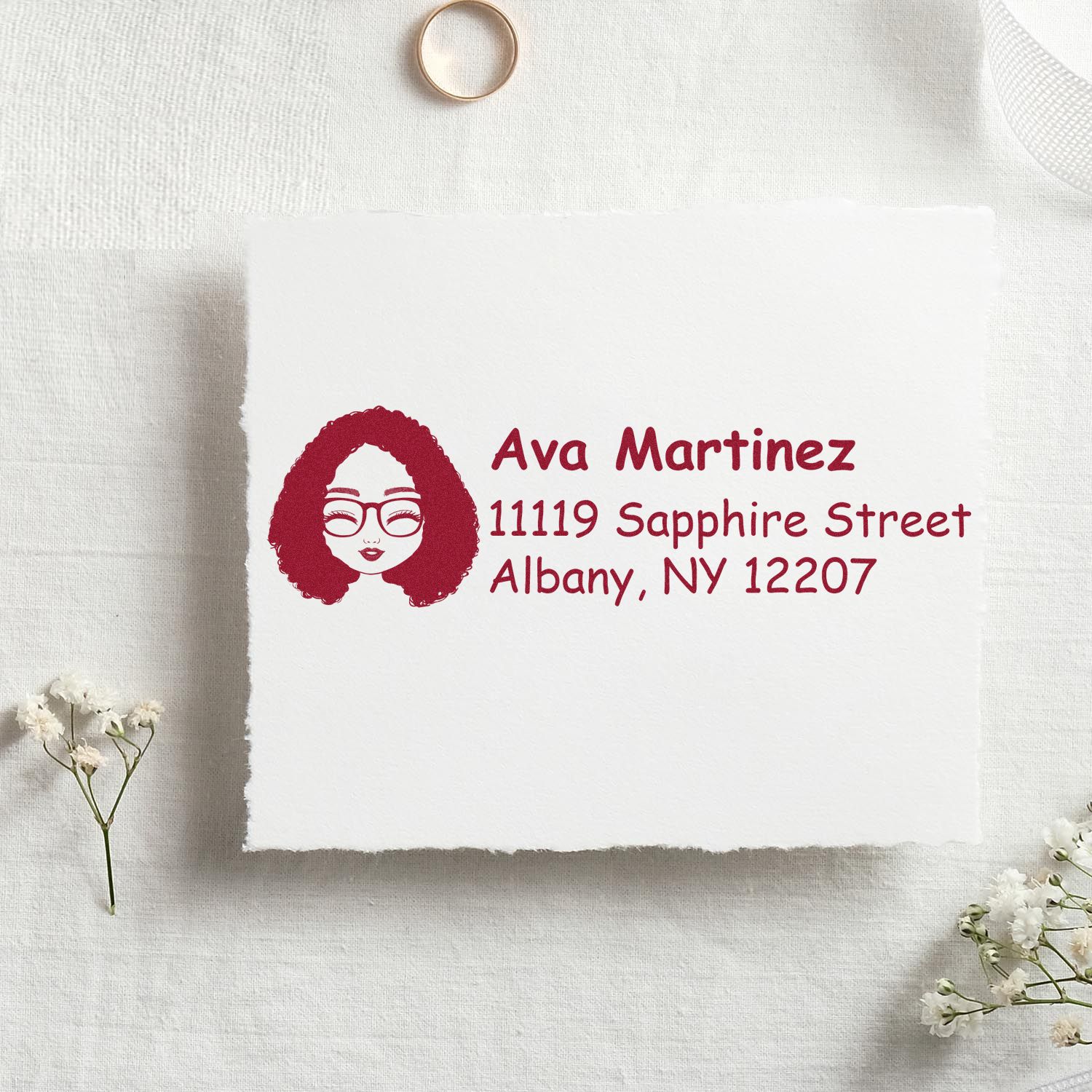 Custom return address rubber stamp with female avatar, personalized name and Albany, NY address for envelopes.