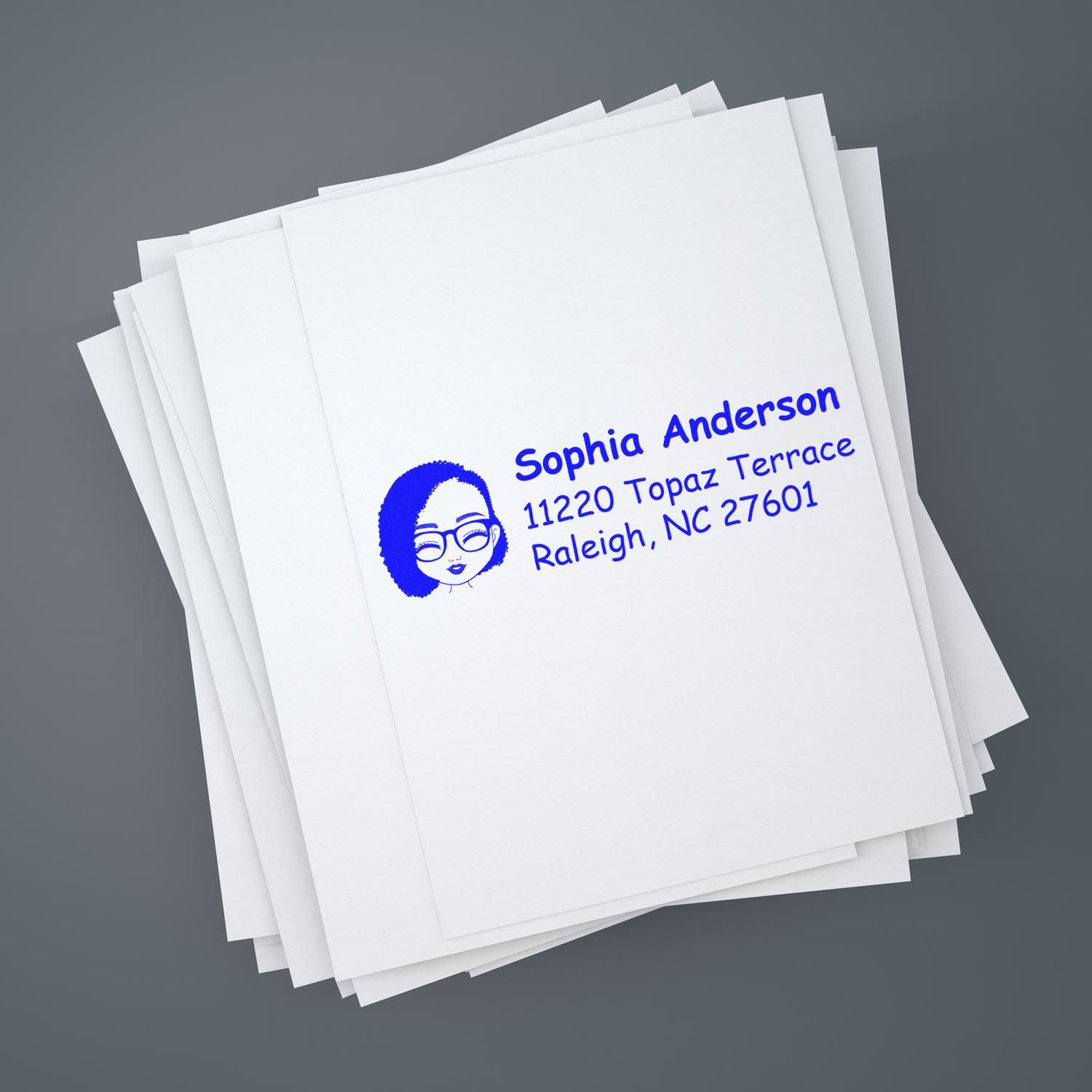 Personalized address rubber stamp with Sophia Anderson name and Raleigh, NC return address for mailing envelopes.
