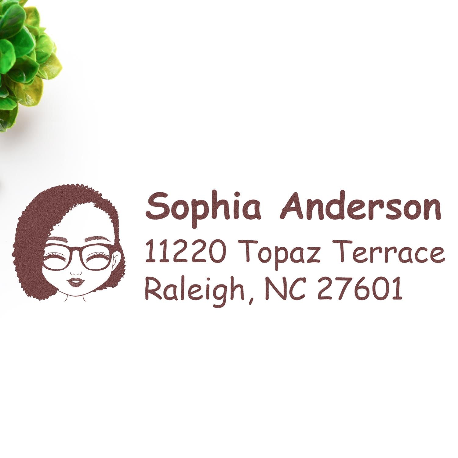 Custom return address rubber stamp with woman portrait, Sophia Anderson, 11220 Topaz Terrace, Raleigh, NC 27601.