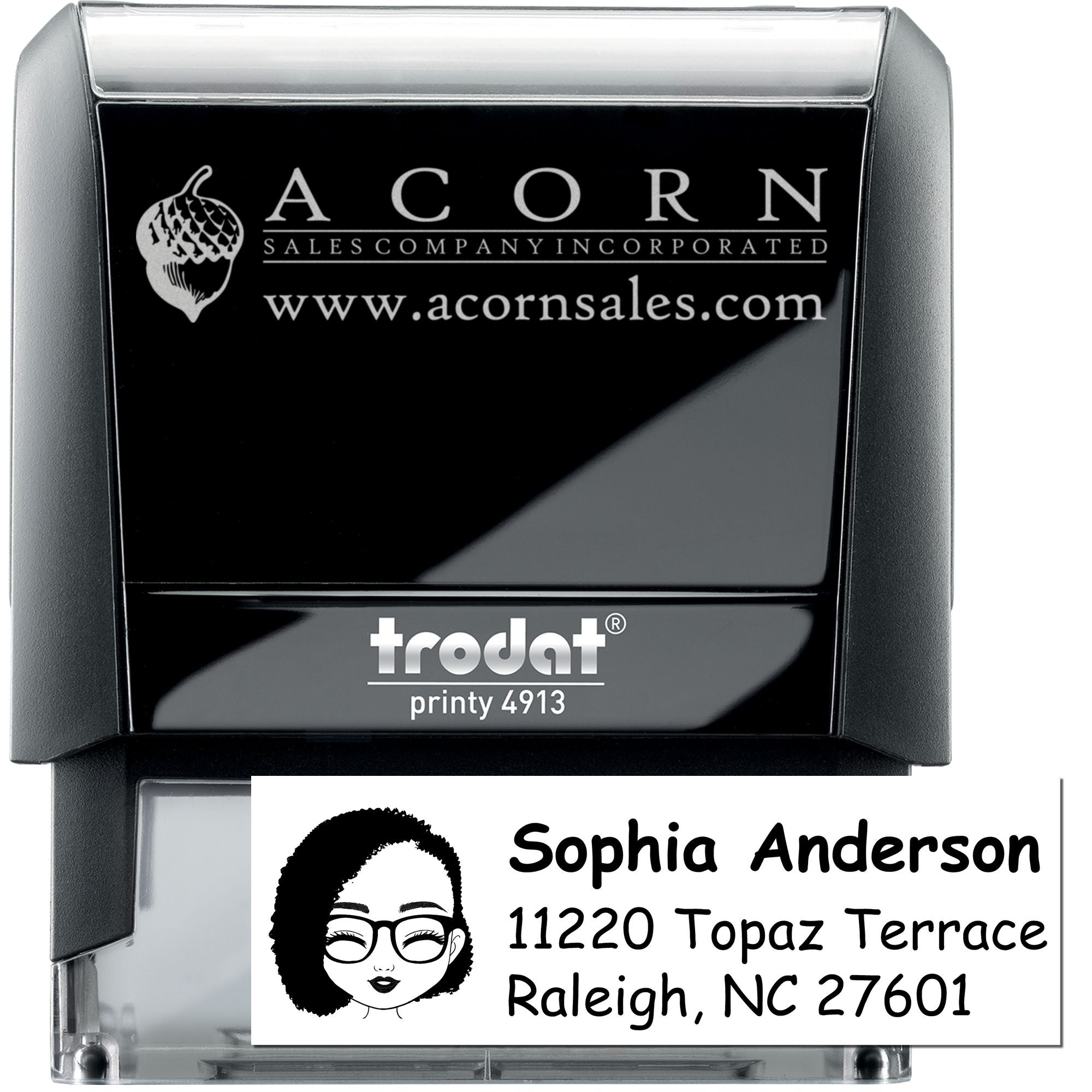 Custom self-inking rubber stamp for business logos and address imprinting, shown with Trodat Printy 4913 stamp example.