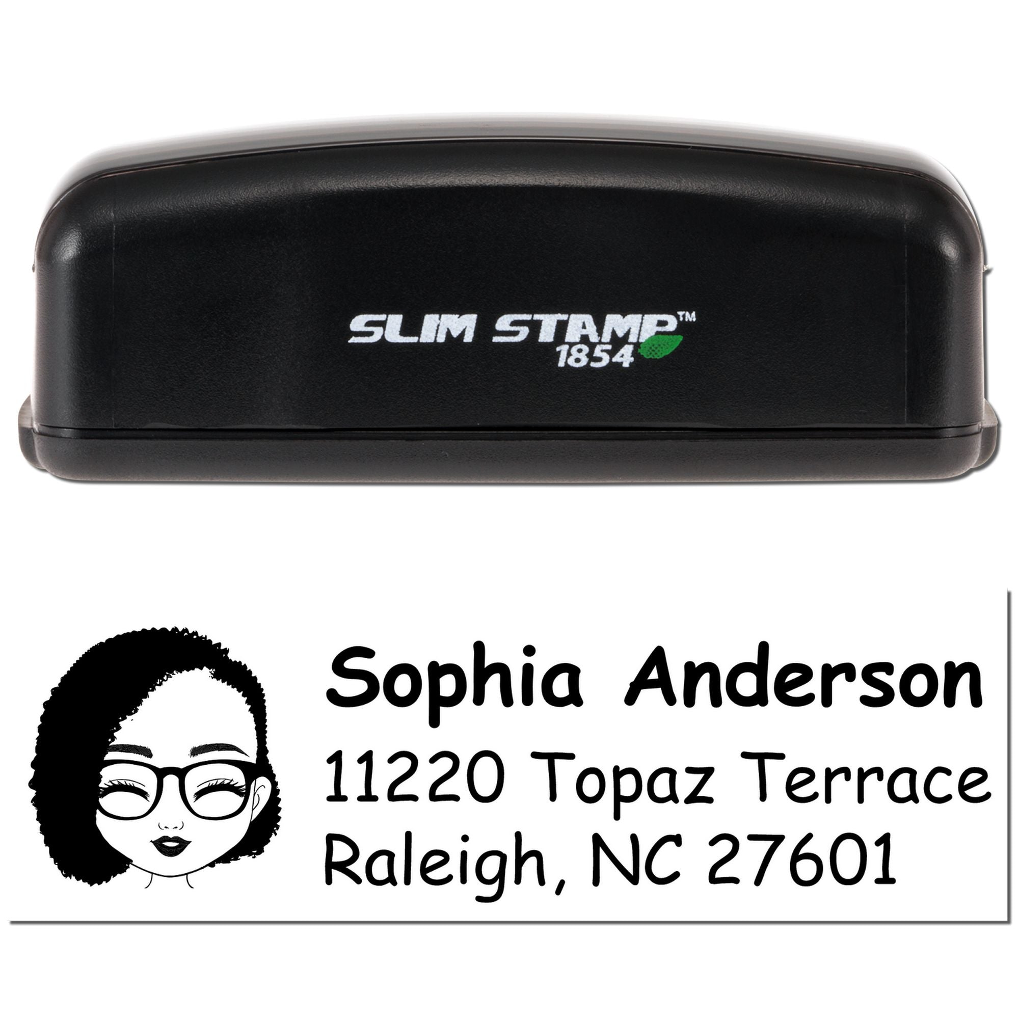 Slim Stamp 1854 self-inking custom return address rubber stamp with Sophia Anderson, Raleigh, NC 27601 imprint