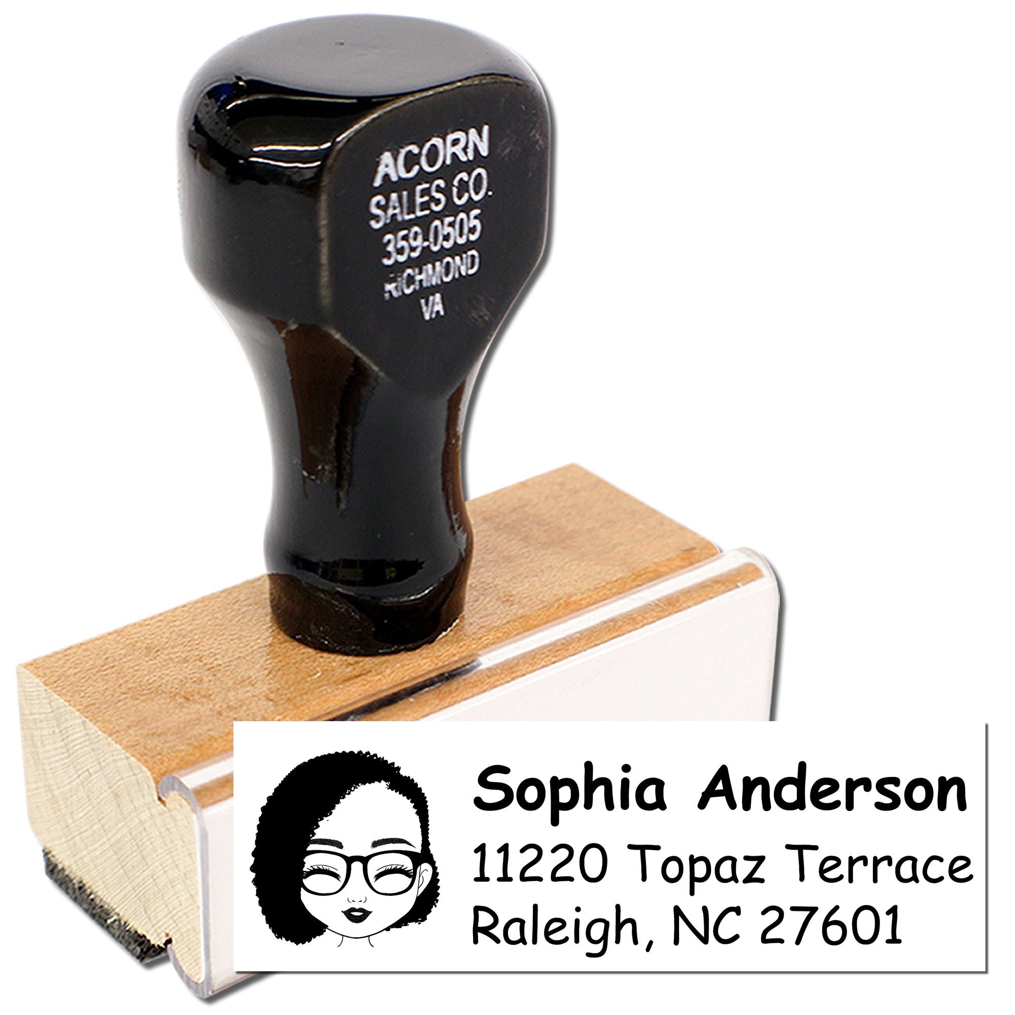 Custom wooden return address rubber stamp with female portrait, Sophia Anderson, Raleigh NC.