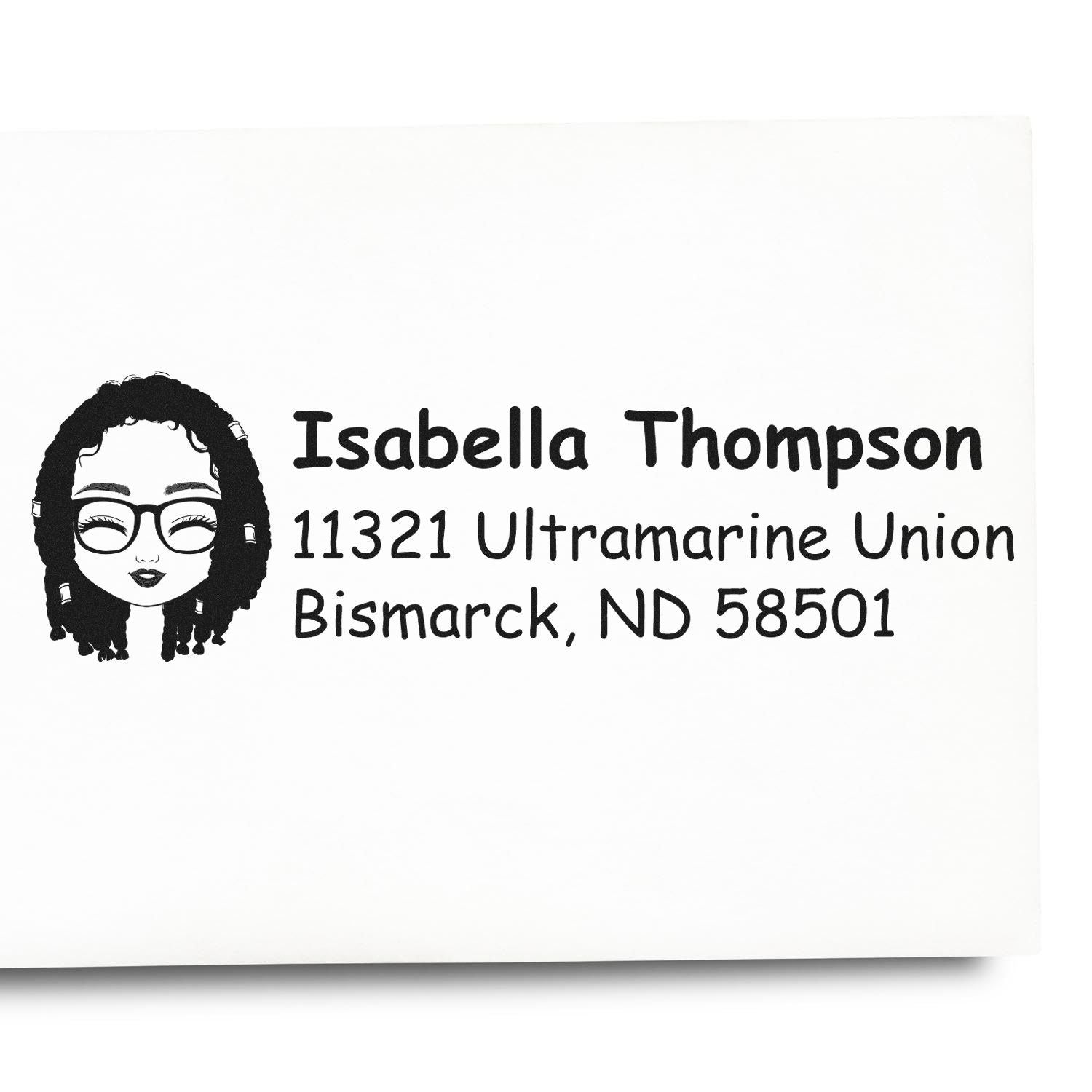 Custom personalized return address rubber stamp with woman icon, name, and Bismarck, ND mailing address for envelopes and packages