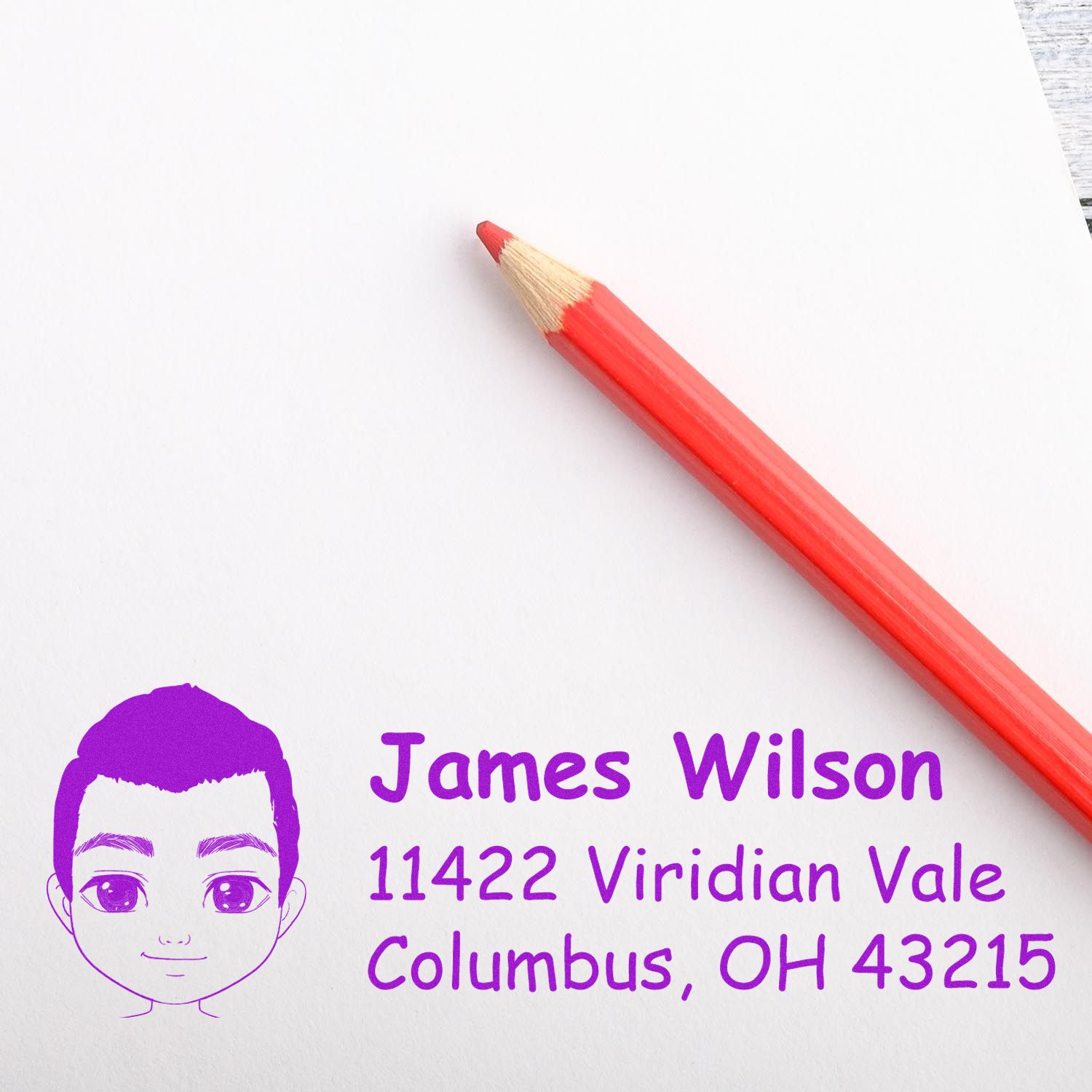 Personalized return address rubber stamp with name, child avatar, and Columbus, OH address for envelopes.