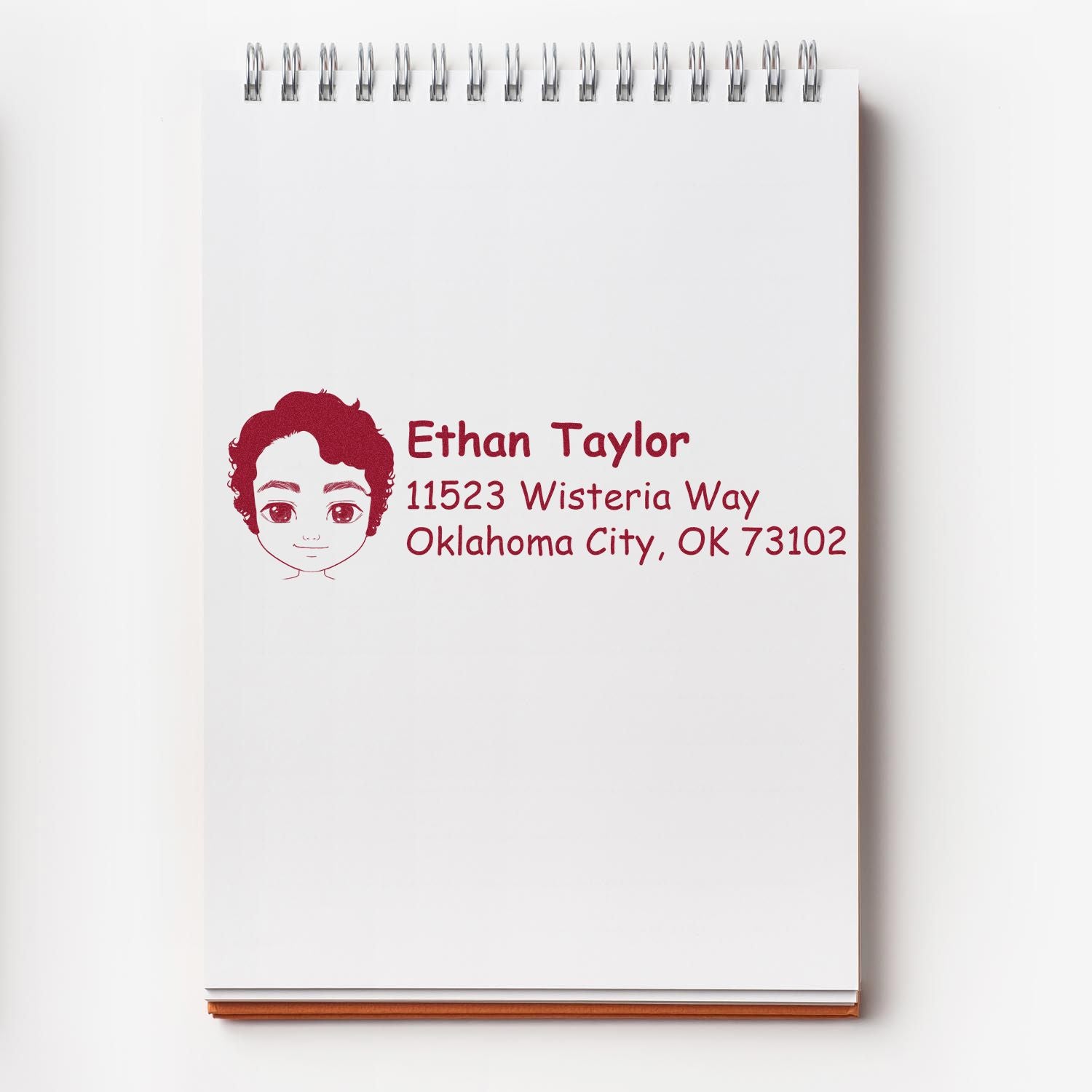 Custom personalized address rubber stamp with child portrait, Ethan Taylor, Oklahoma City, OK, for mailing and stationery labeling.