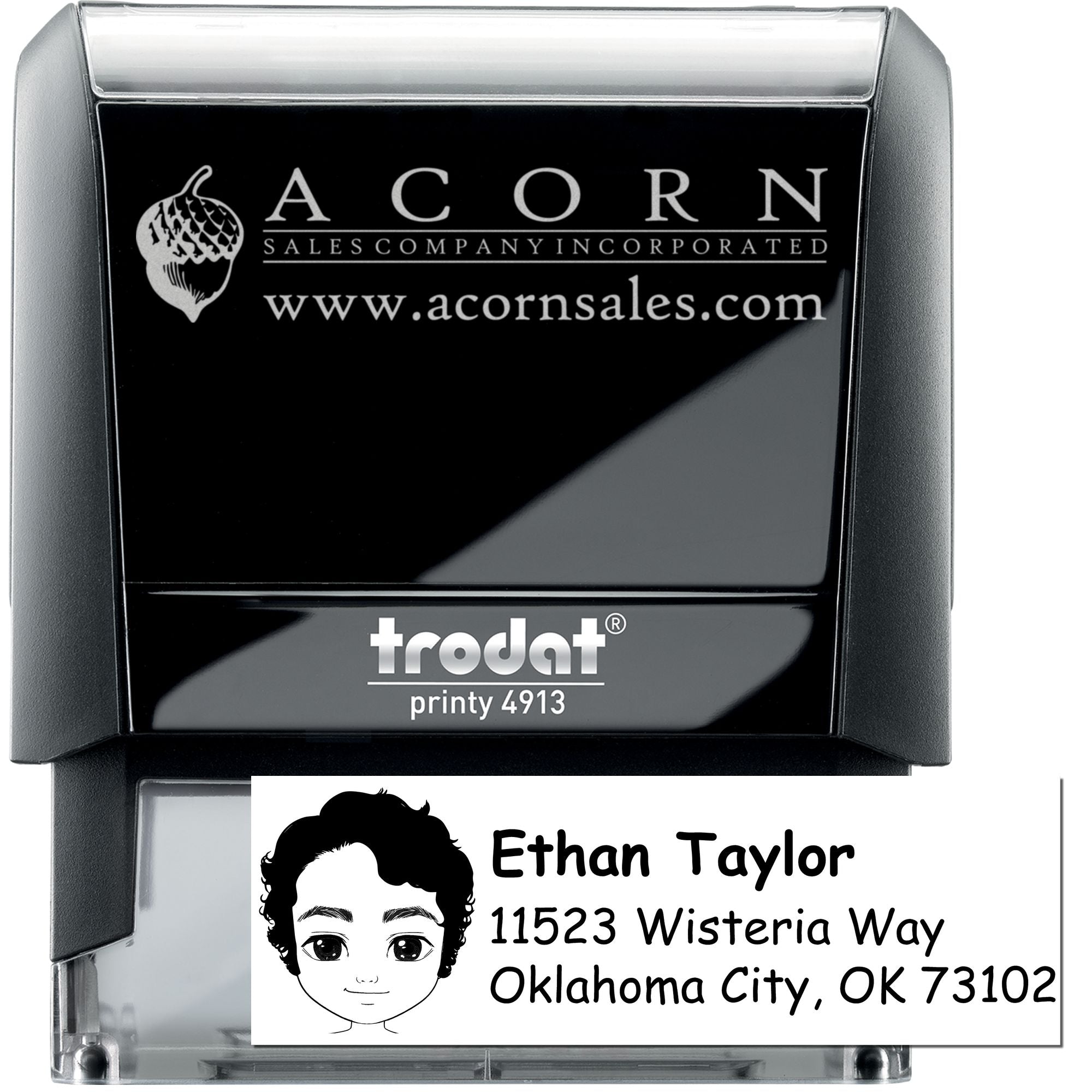 Custom self-inking rubber stamp, Trodat Printy 4913, with logo and personalized return address imprint.