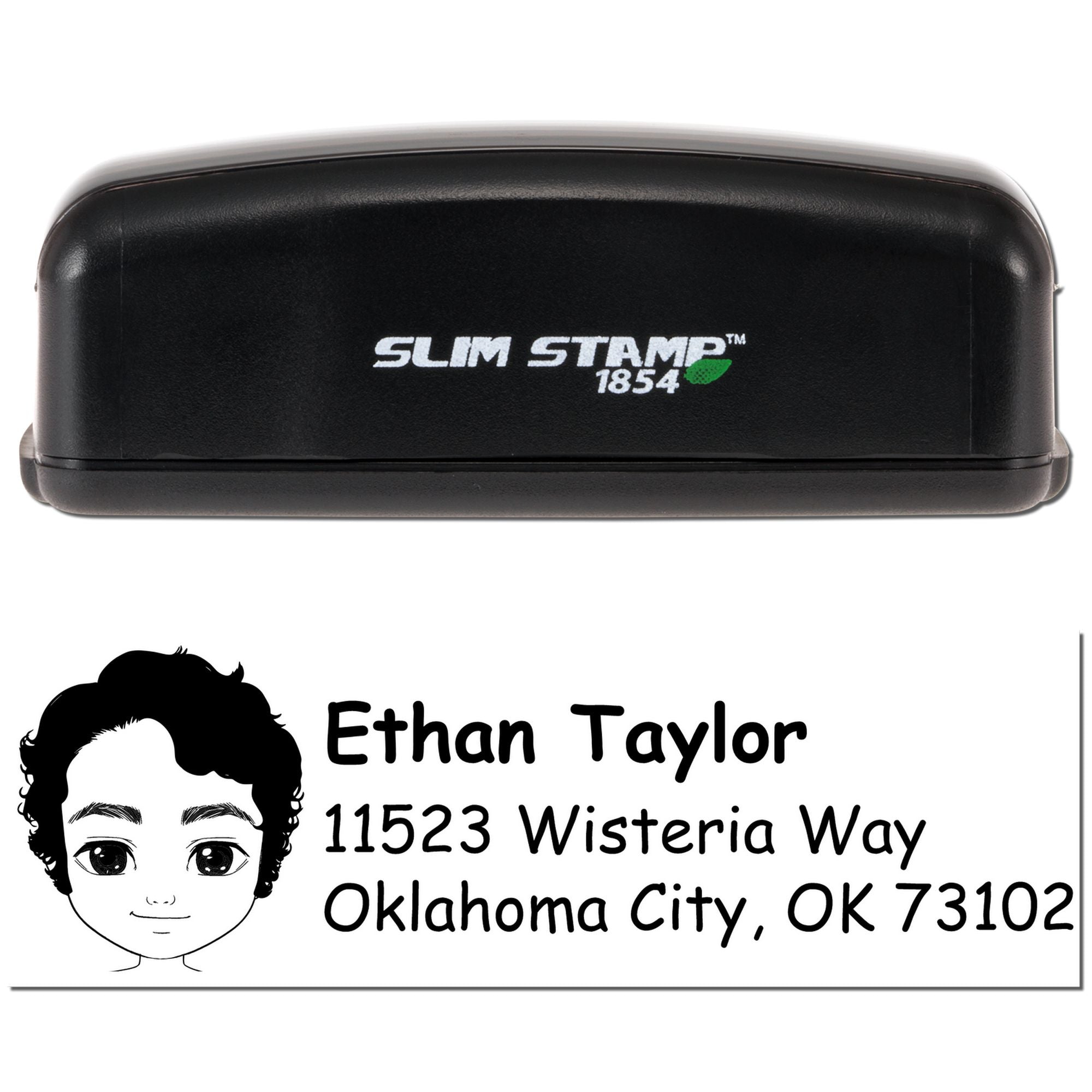 Custom self-inking Slim Stamp 1854 rubber stamp with personalized name and address imprint for mail and crafts.