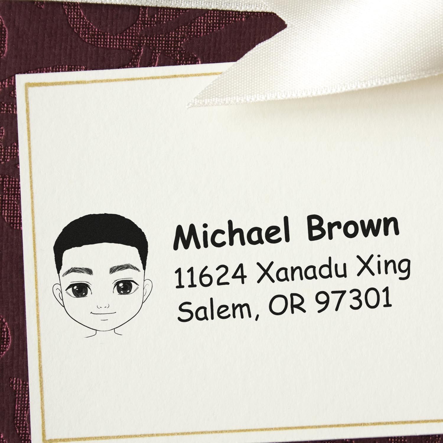 Personalized return address rubber stamp with cartoon portrait, Michael Brown, 11624 Xanadu Xing, Salem, OR 97301.