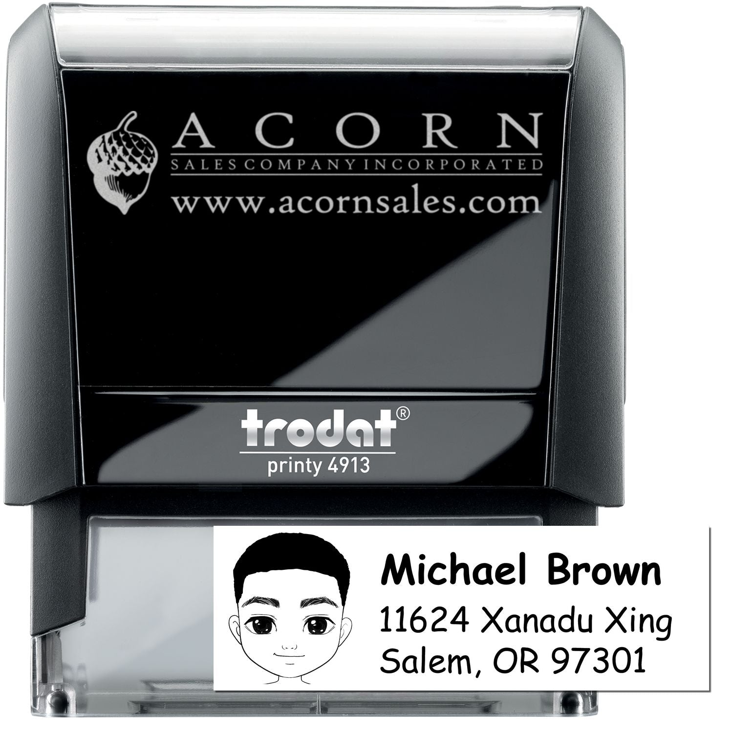 Custom rubber stamp with logo and address, featuring a Trodat Printy 4913 self-inking business stamp and personalized imprint