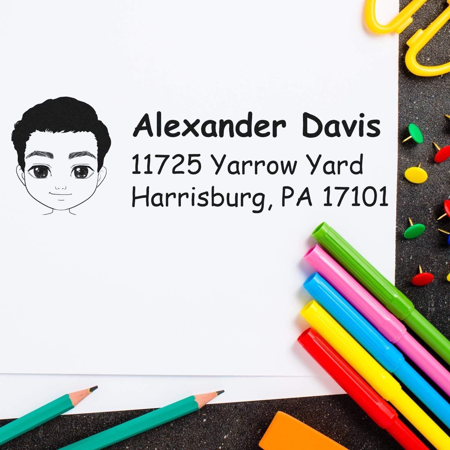 Custom rubber address stamp for Alexander Davis with cartoon boy icon and Harrisburg, PA mailing details.