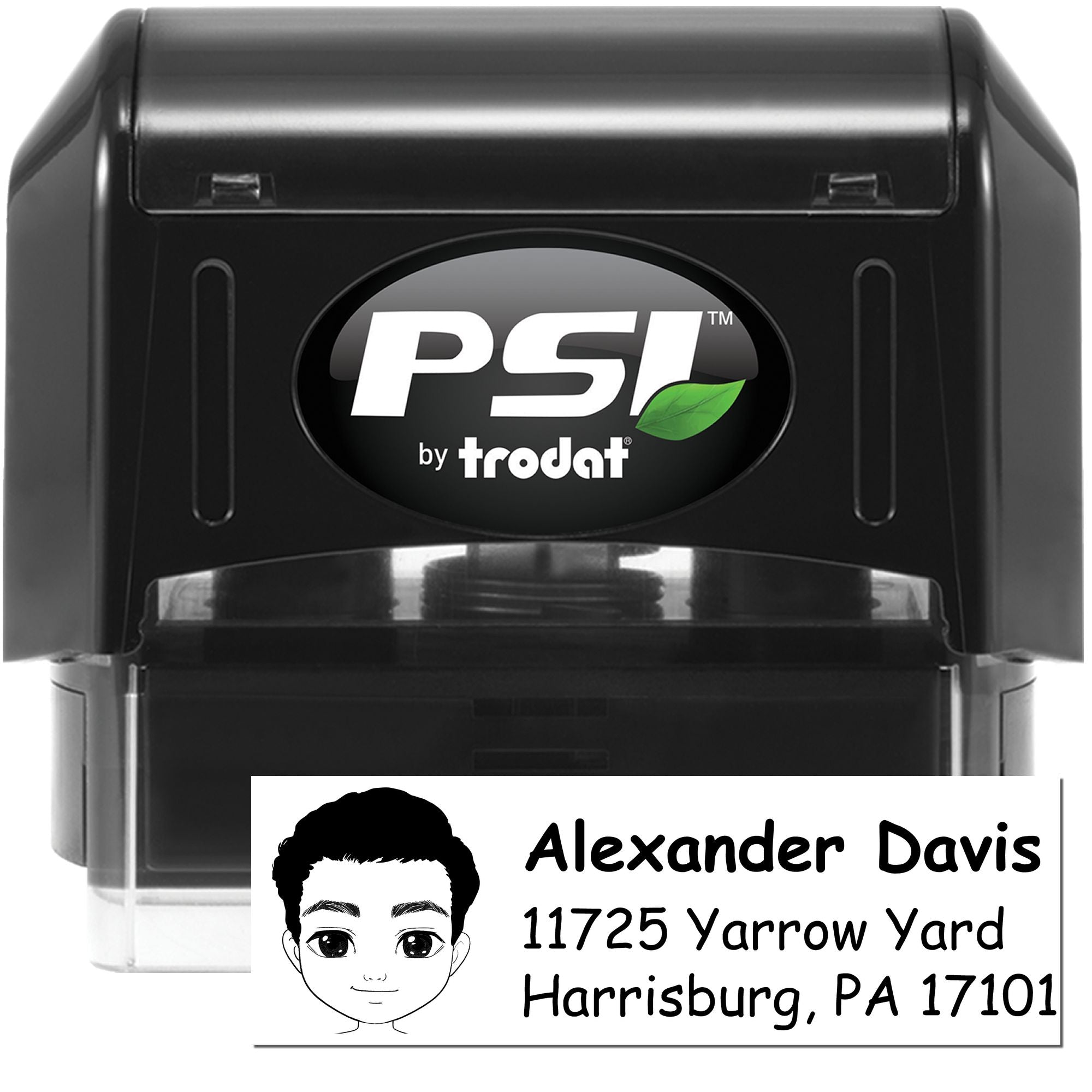 PSI by Trodat self-inking rubber stamp with custom name and address imprint for personalized mailing and office use.