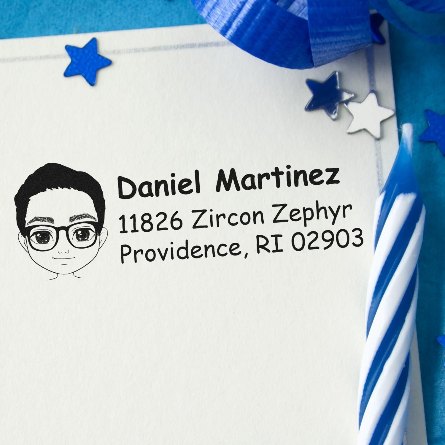 Custom rubber stamp address for Daniel Martinez, 11826 Zircon Zephyr, Providence, RI 02903, with avatar design.