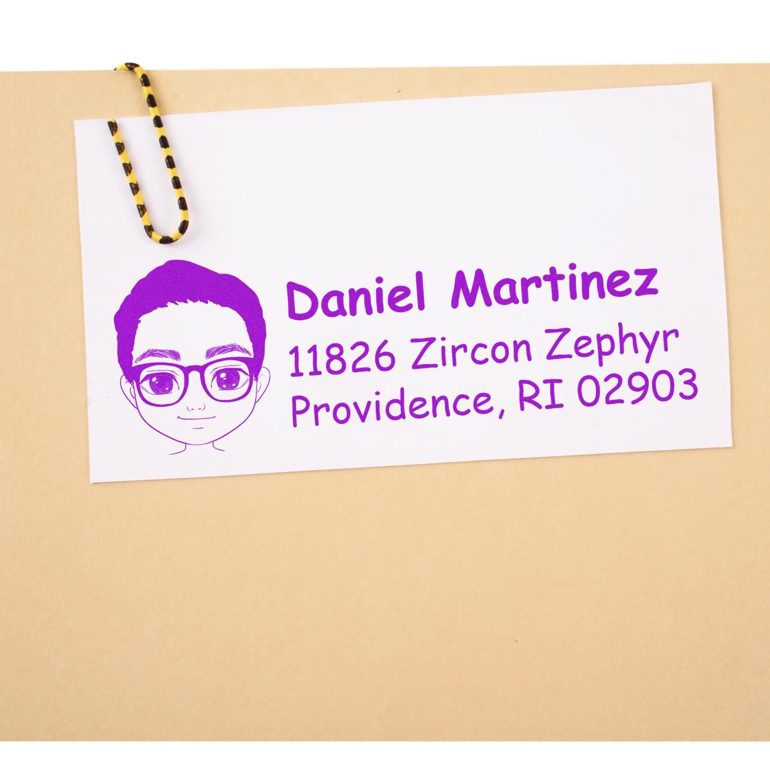 Personalized custom address rubber stamp with cartoon avatar and purple Providence, RI return address.