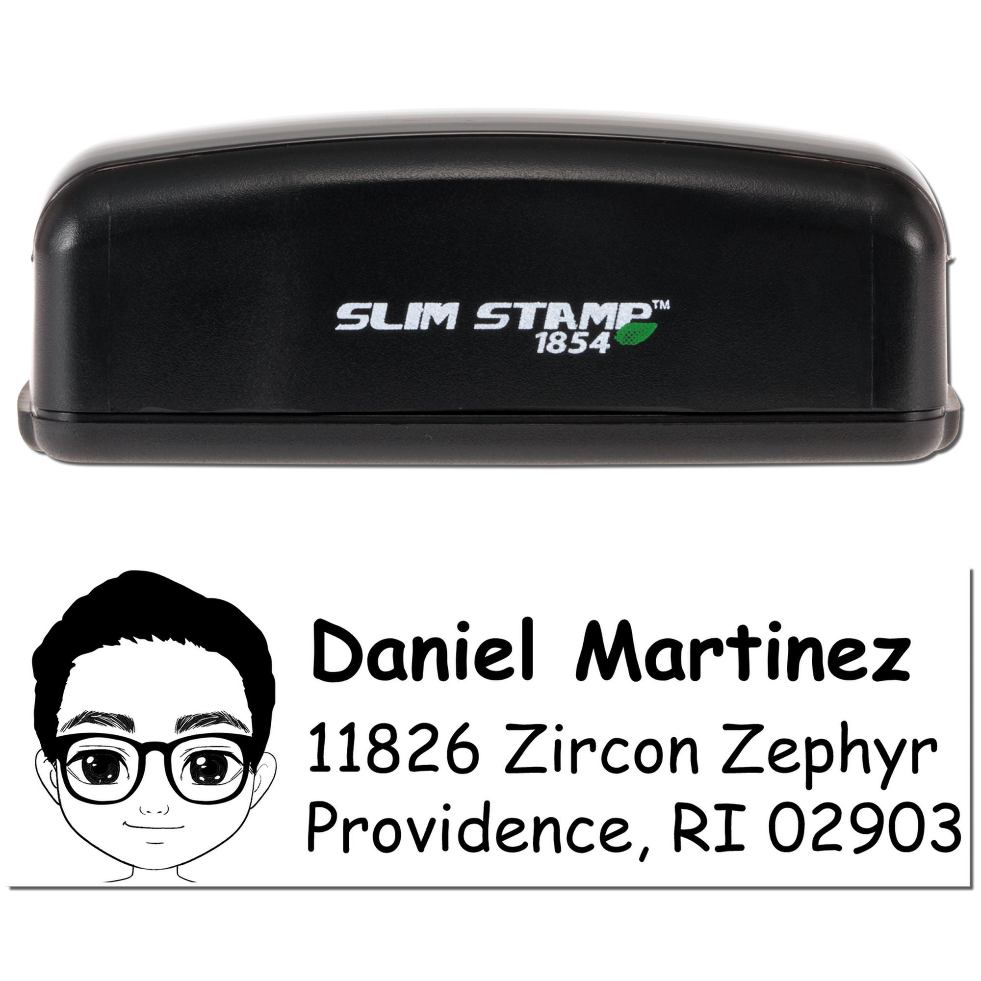 Slim Stamp 1854 custom self-inking rubber stamp with name, address, and avatar for personalized mailing.
