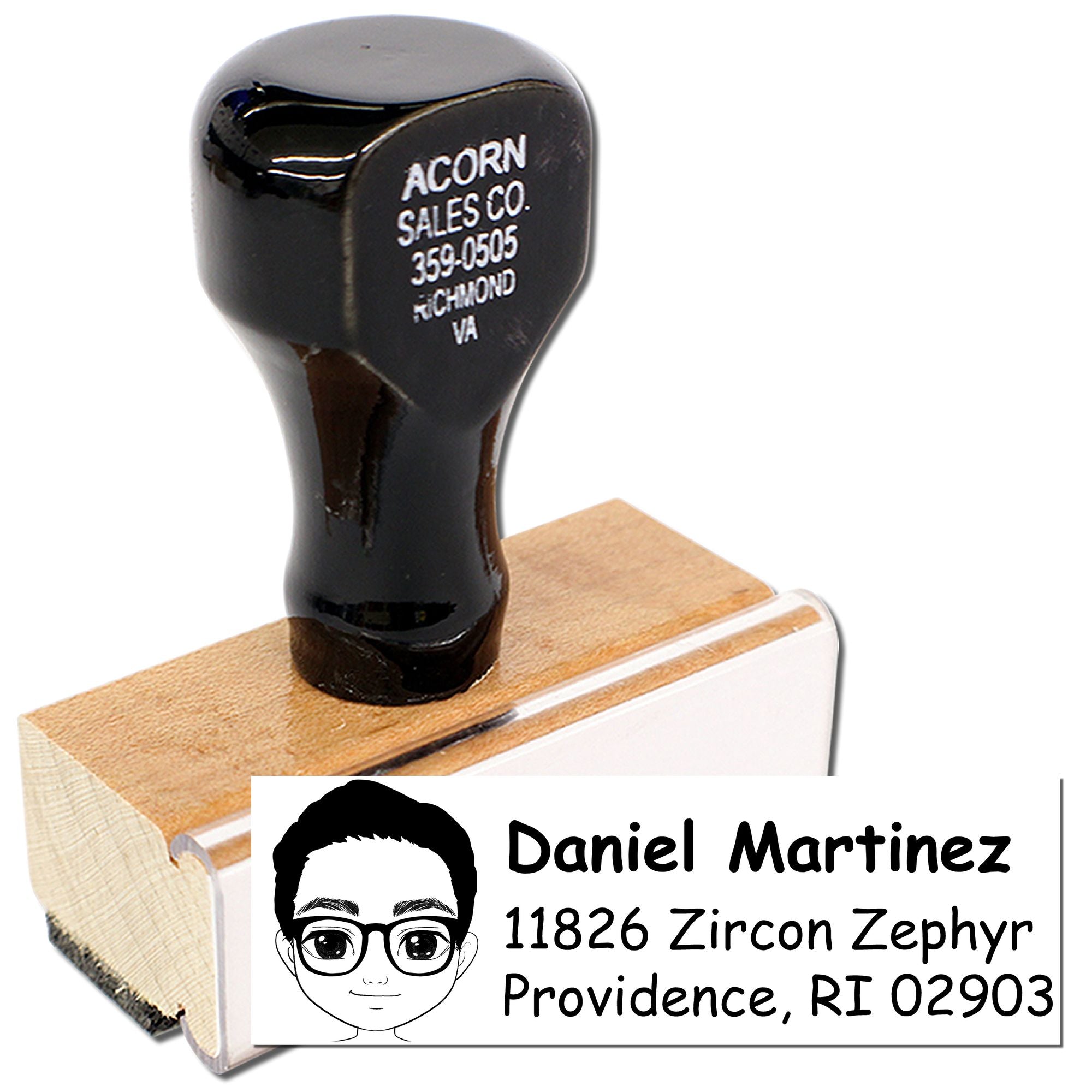 Custom self-inking rubber stamp with name, address, and portrait design for personalized mailing and business use.