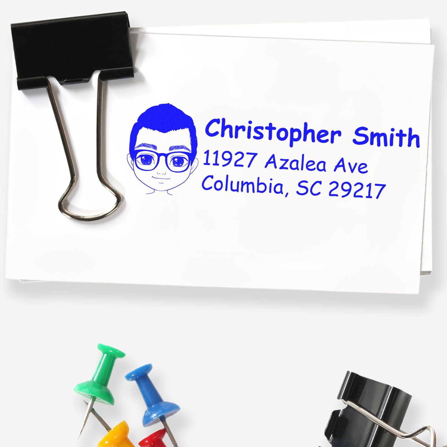 Personalized rubber address stamp with cartoon avatar, name, and Columbia, SC address