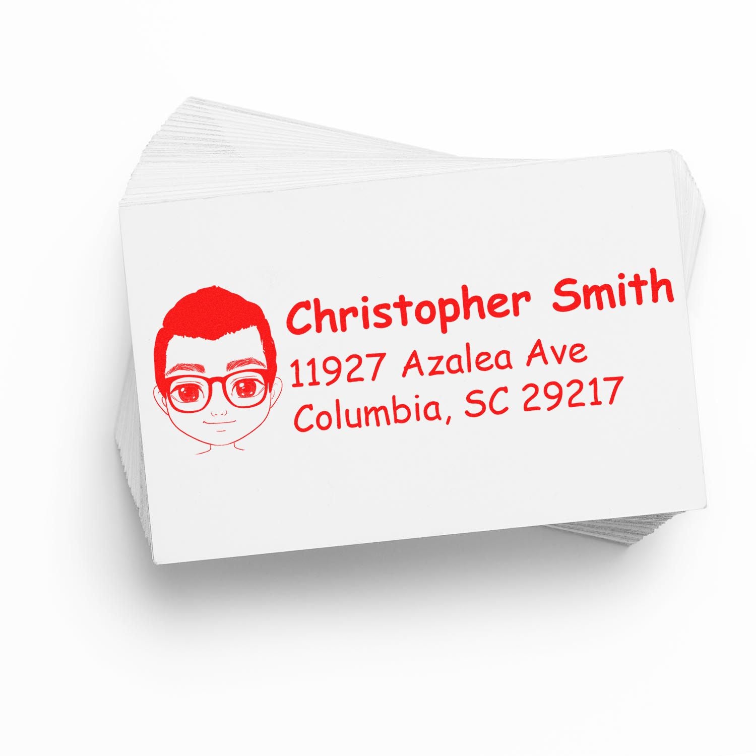 Personalized rubber address stamp with cartoon face for Christopher Smith return mail, Columbia, SC.