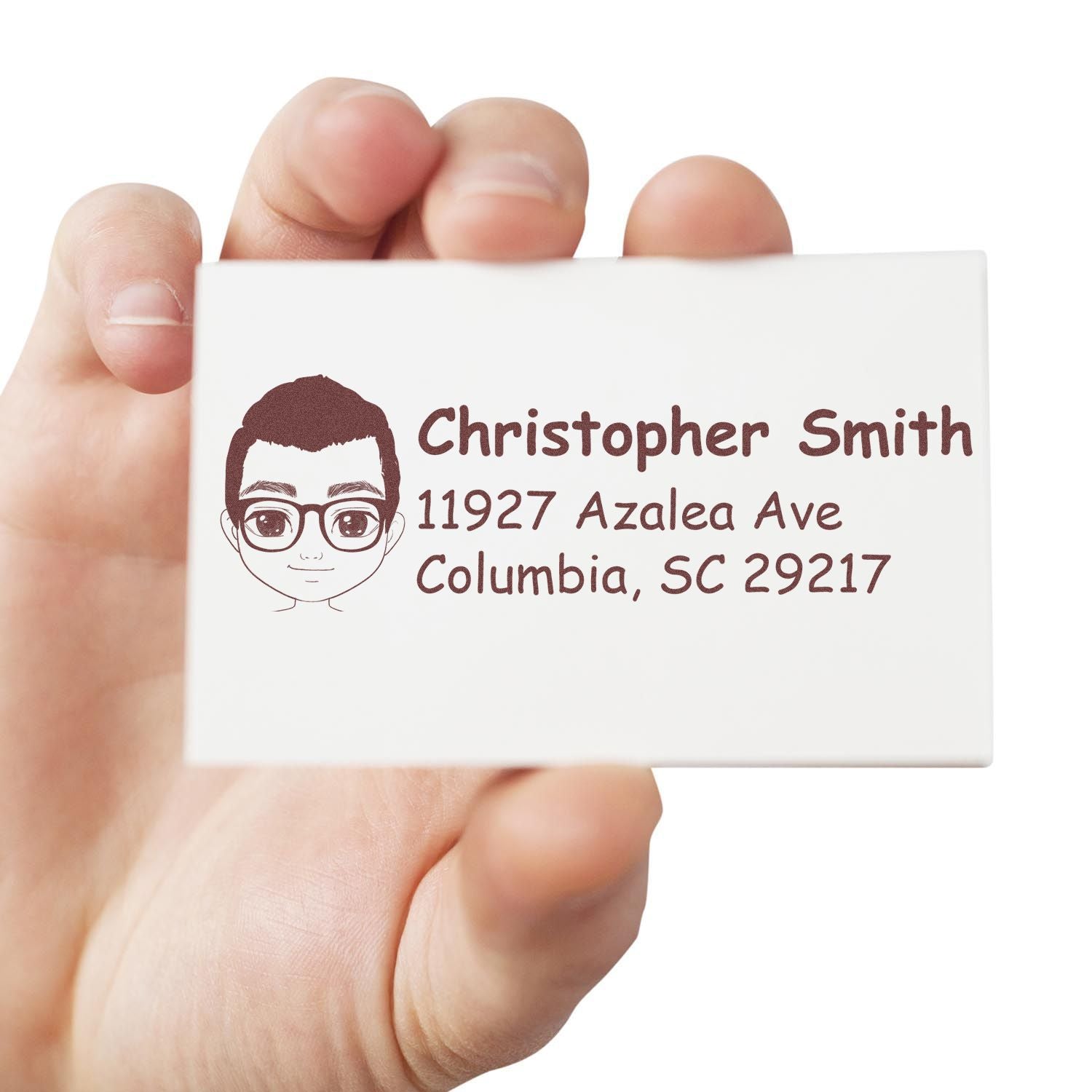 Personalized return address rubber stamp with name, portrait icon, and Columbia, SC mailing address for envelopes.