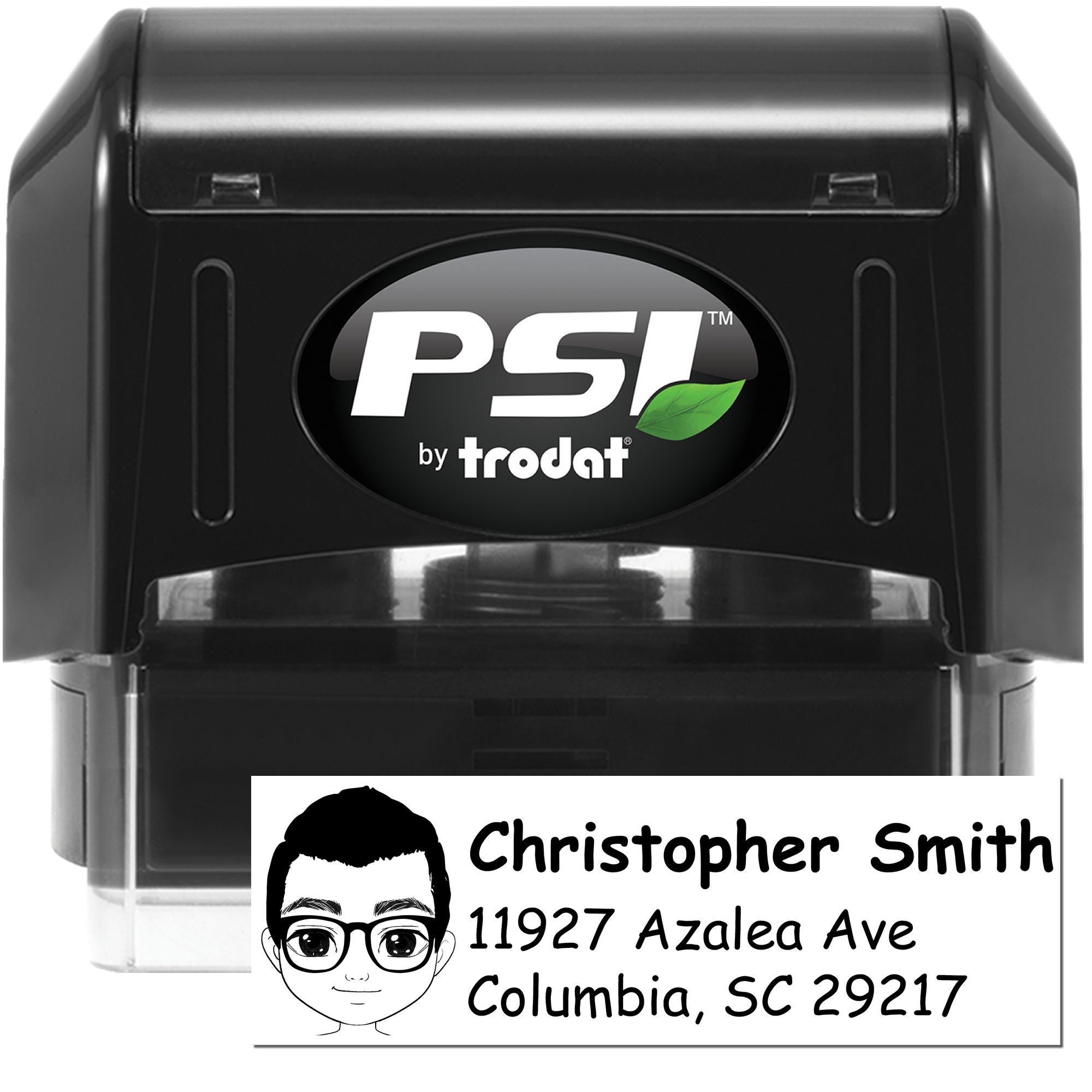 PSI by Trodat self-inking rubber stamp with custom name and address return address imprint