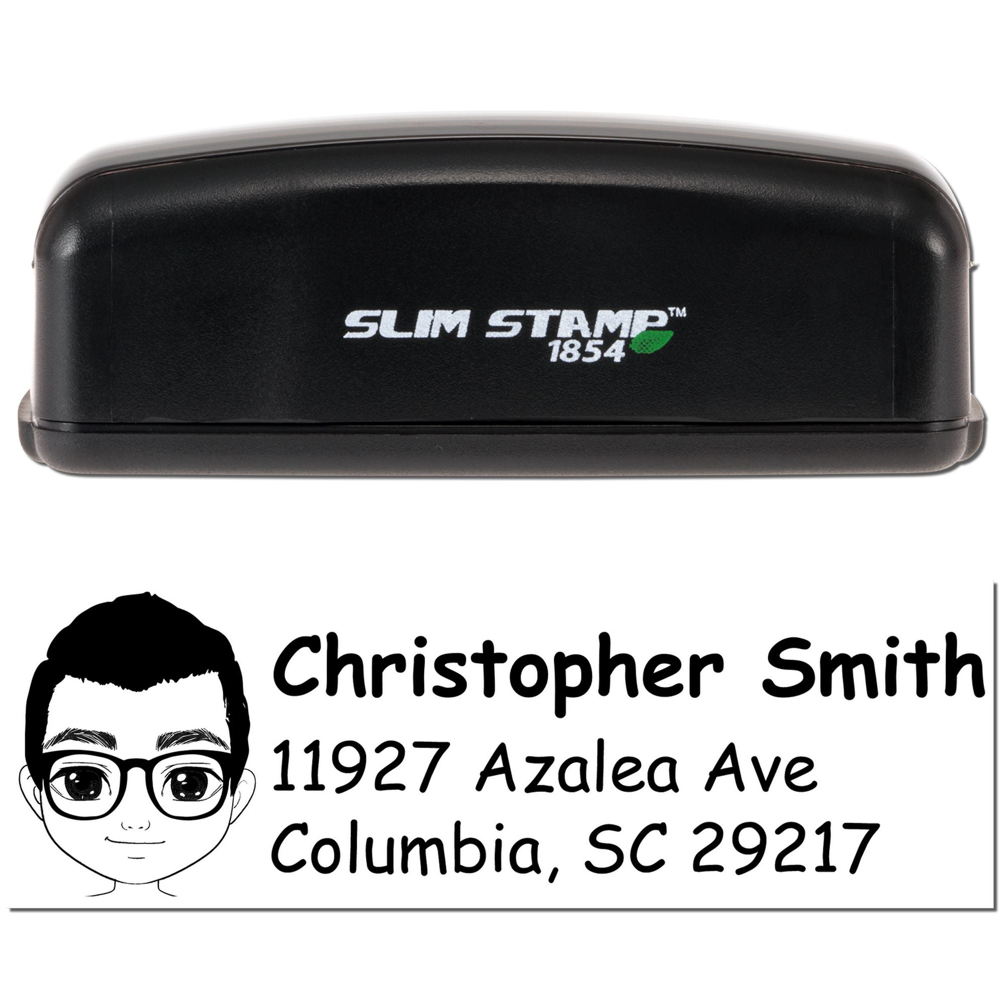Slim Stamp 1854 personalized return address rubber stamp with name, avatar, and Columbia, SC 29217 address.