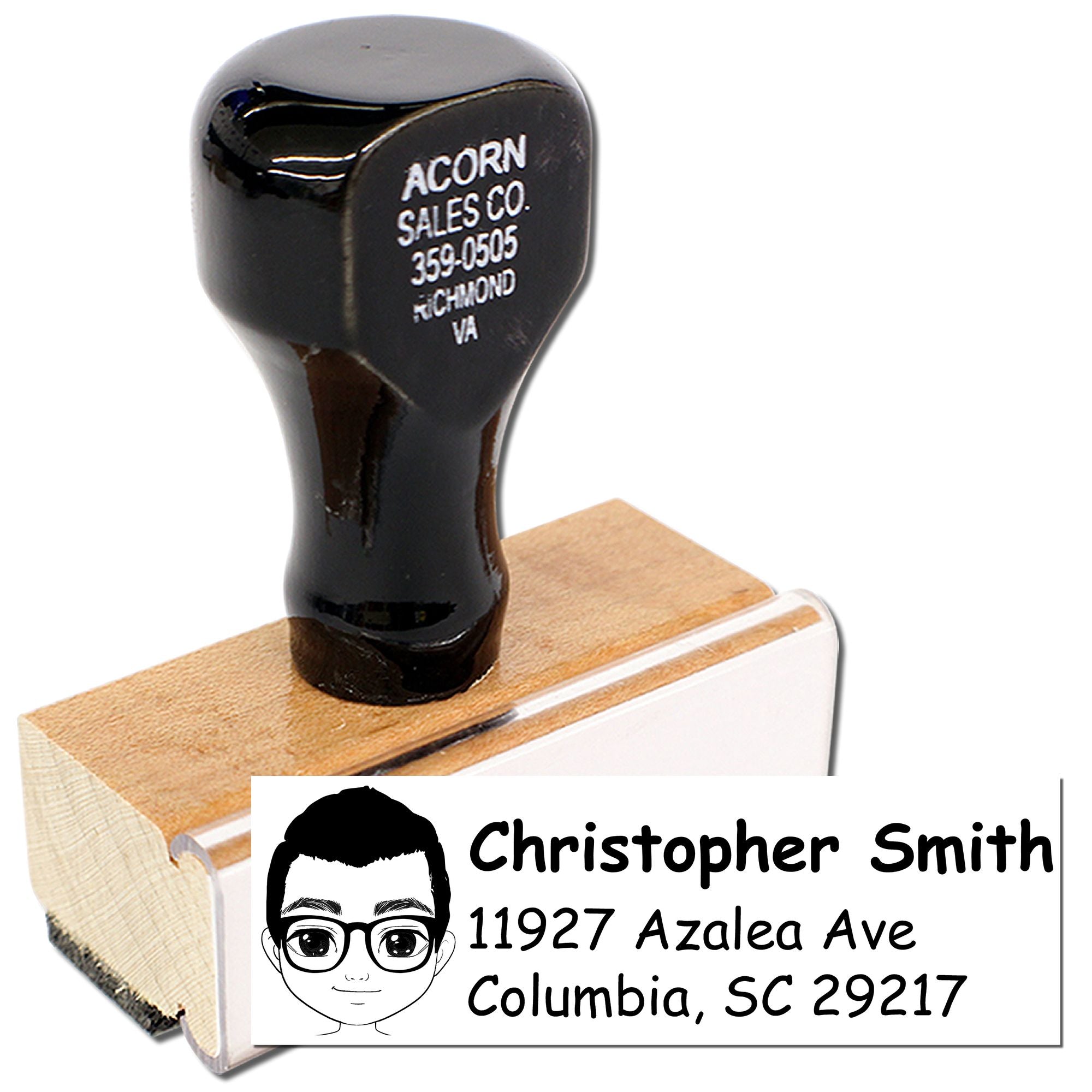Custom address rubber stamp with portrait, name, and Columbia, SC address for personalized mailing.