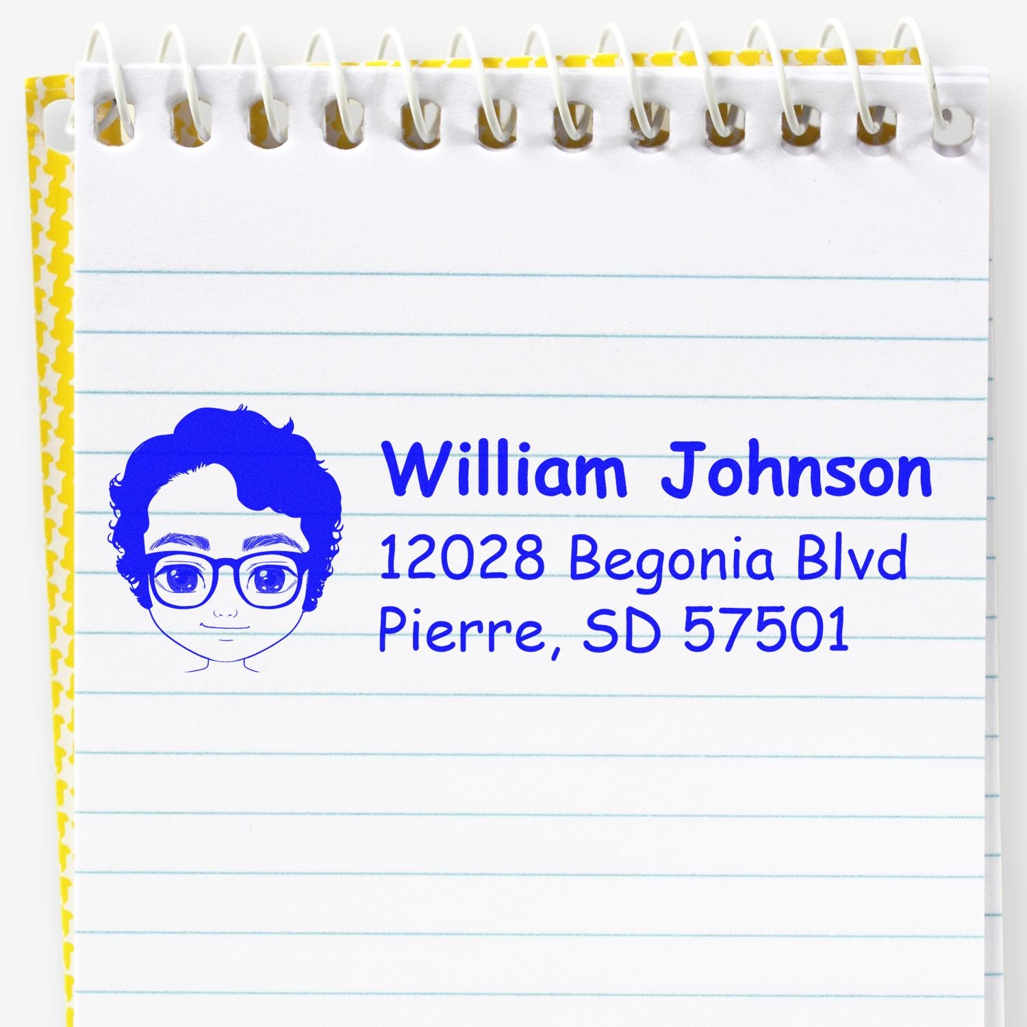 Personalized return address rubber stamp with cartoon portrait, William Johnson, 1208 Begonia Blvd, Pierre, SD 57501