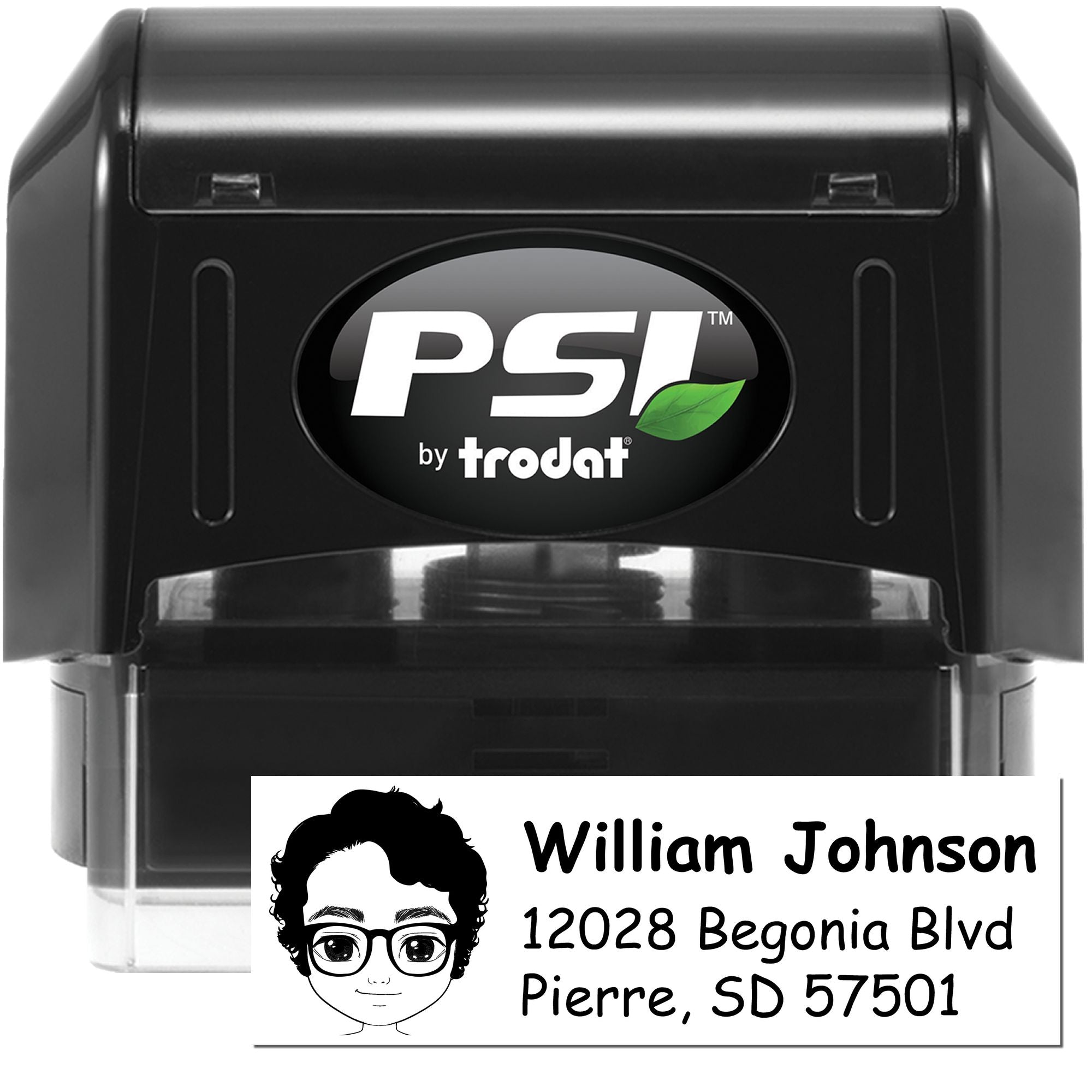 PSI by Trodat self-inking rubber stamp with custom name and return address for mailing and address labeling.