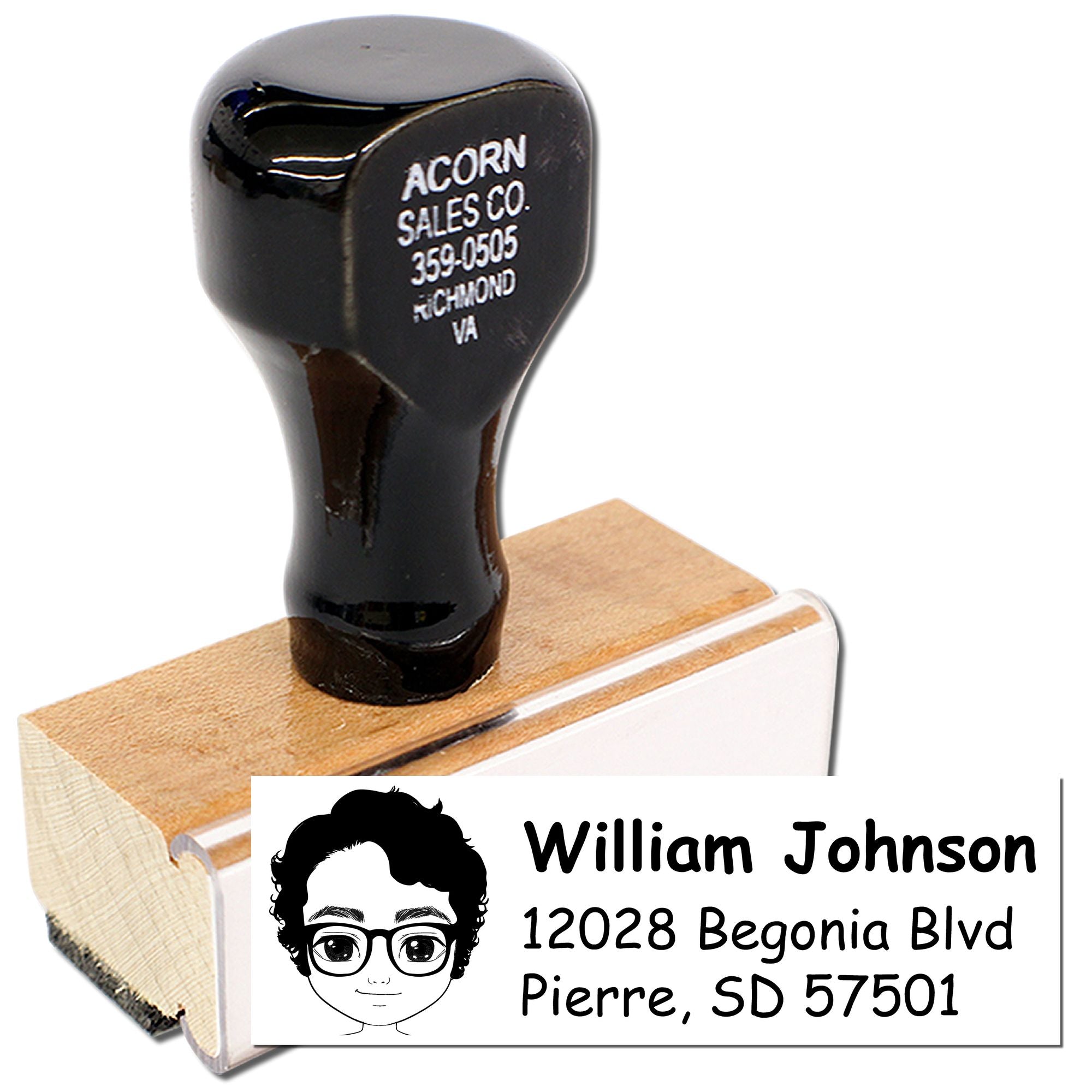 Custom personalized address rubber stamp with portrait, name, and return mailing address for home or business use