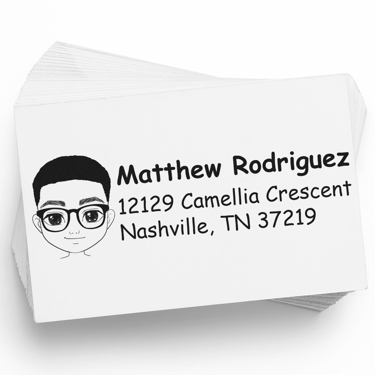 Custom address rubber stamp with cartoon boy avatar, personalized name and Nashville return address for mailing.
