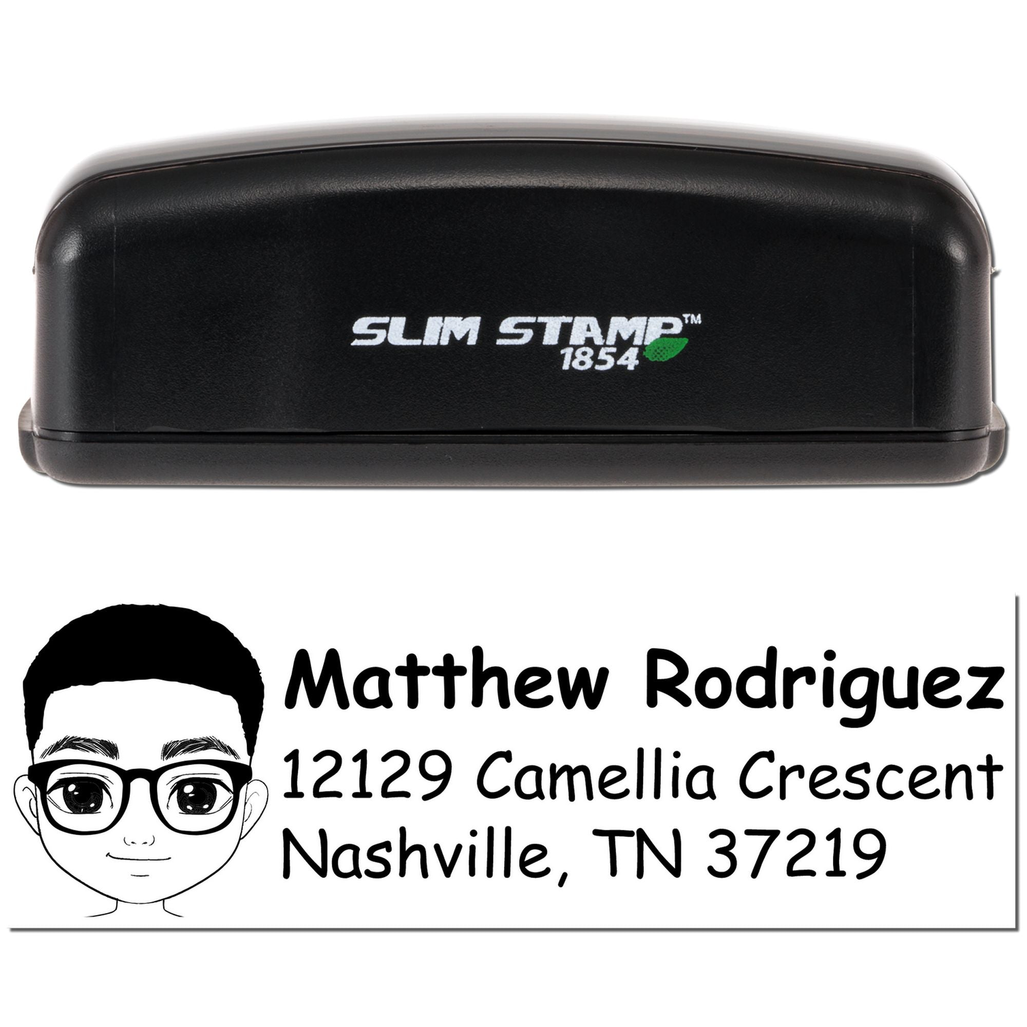 Slim Stamp 1854 custom address rubber stamp with personalized name, avatar, and Nashville mailing address for return labels.