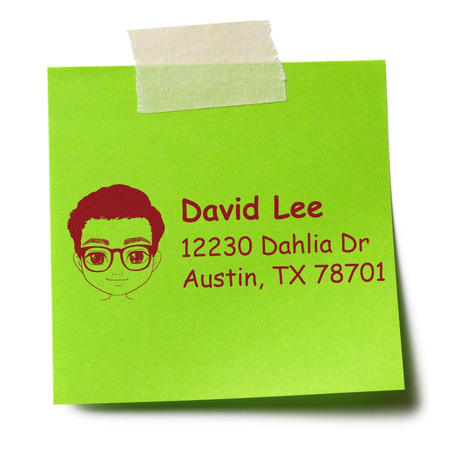 Custom return address rubber stamp on a green note with cartoon portrait, name, and Austin, TX address.
