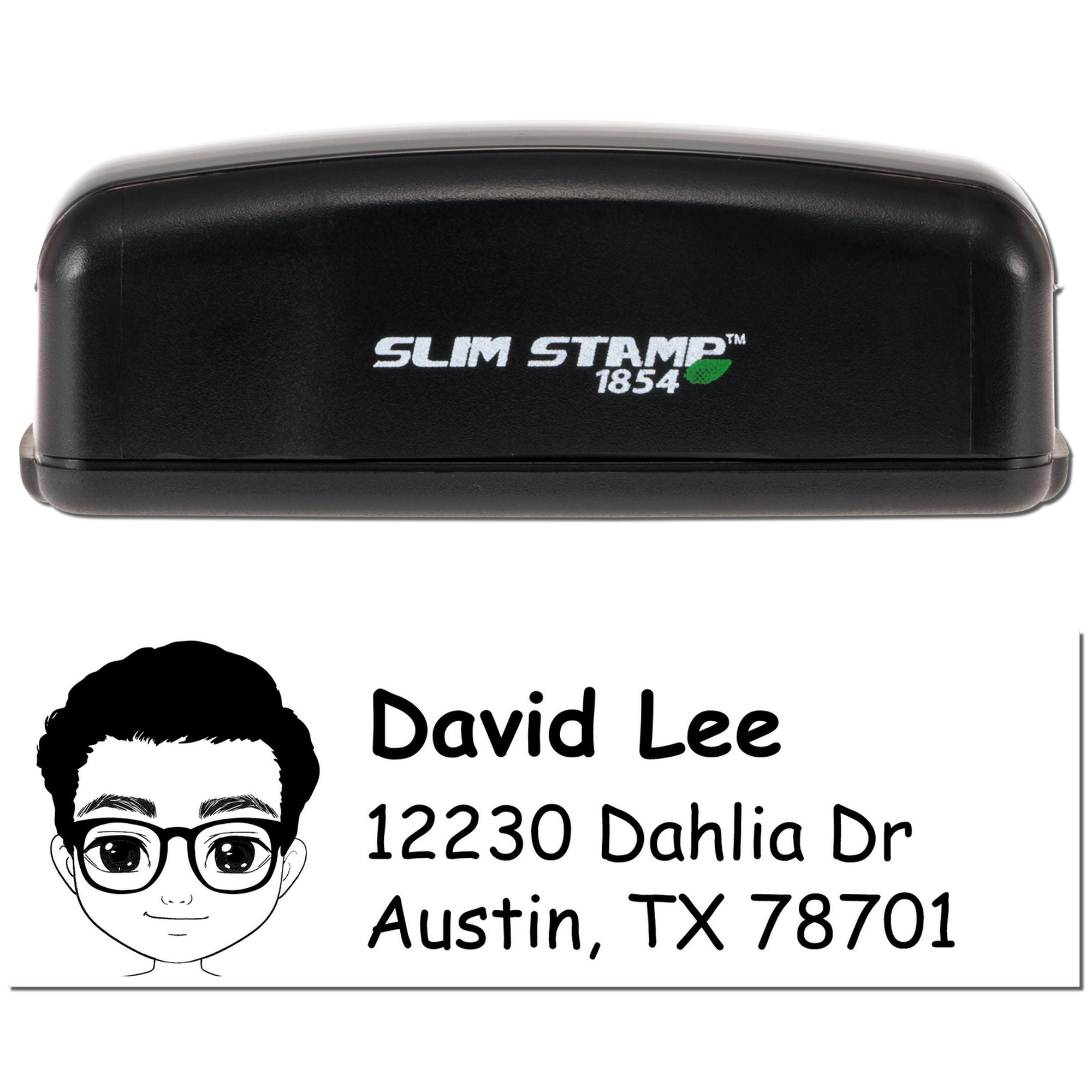Personalized self-inking rubber address stamp with cartoon portrait, David Lee name, and Austin, TX mailing address.