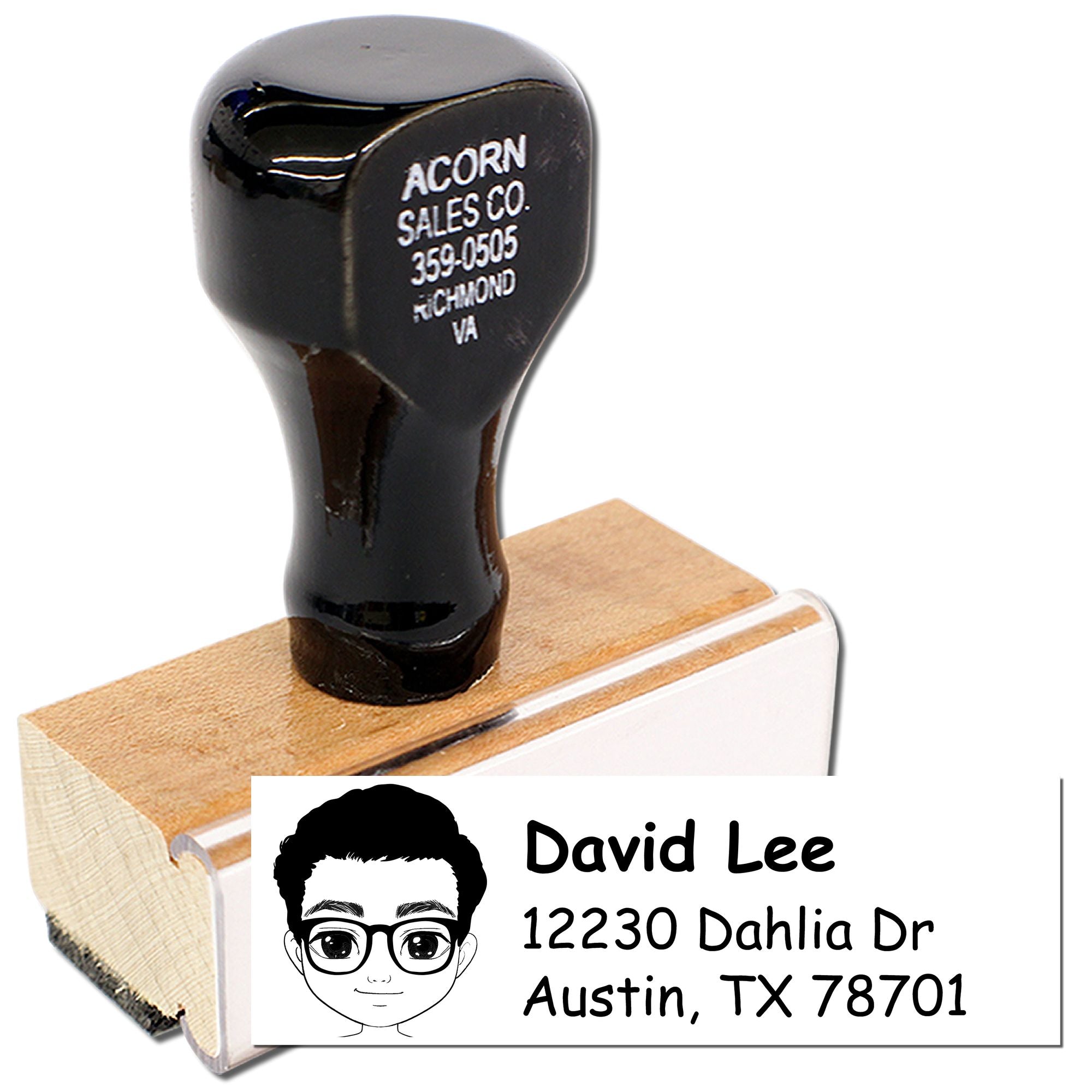 Custom address rubber stamp with wood handle, personalized for envelopes, return mail, and small business branding.